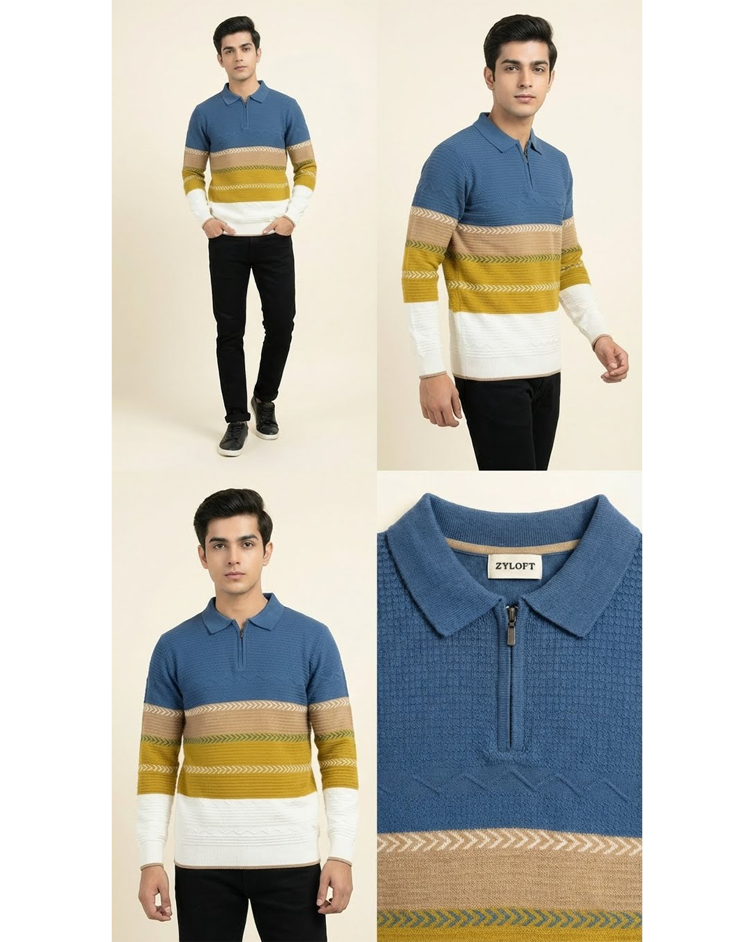 Men’s Premium Multicolor Knitted Cotton Polo – Textured Zip Collar