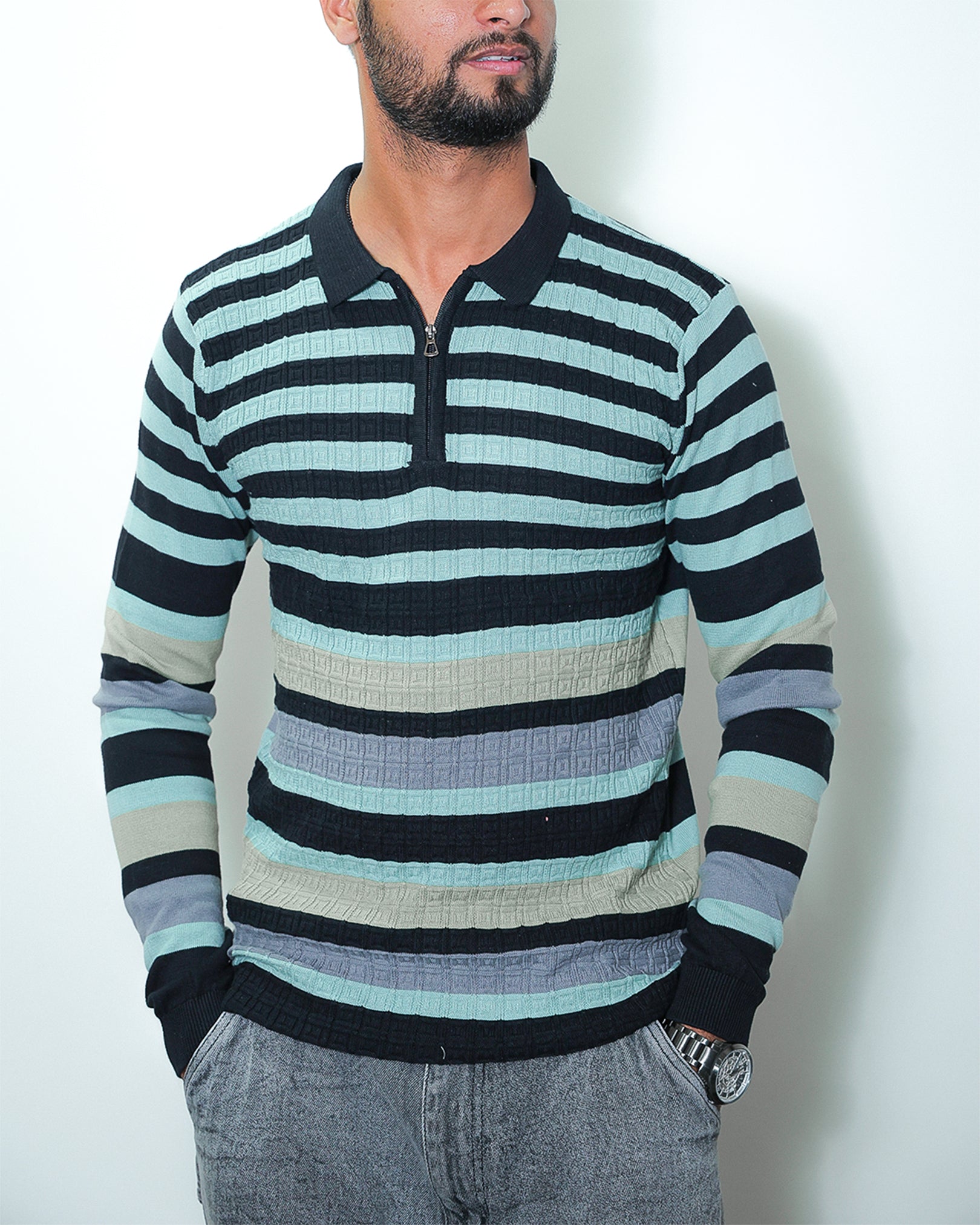 Men’s Striped Polo T-Shirt – Half-Zip Collar Knit
