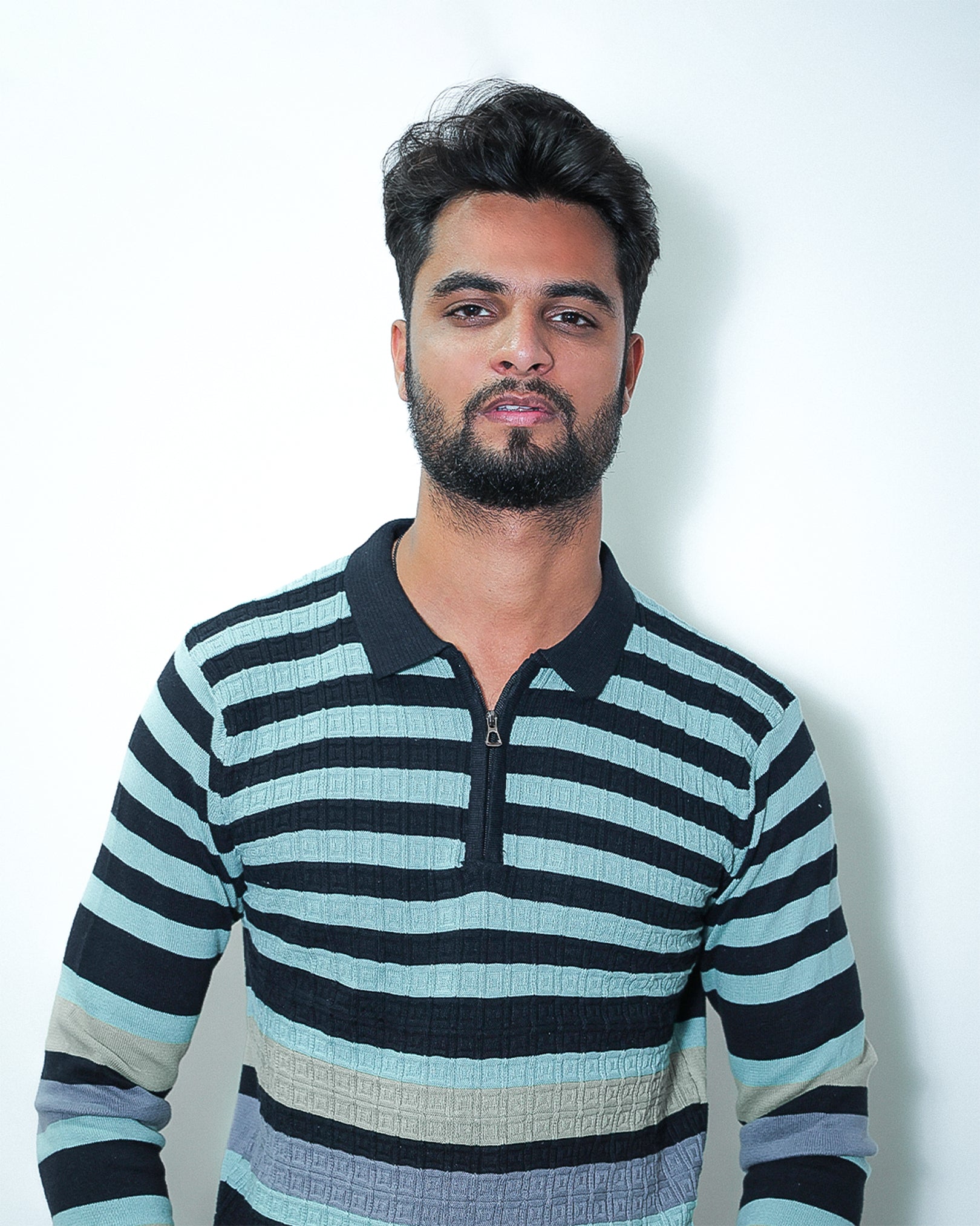 Men’s Striped Polo T-Shirt – Half-Zip Collar Knit