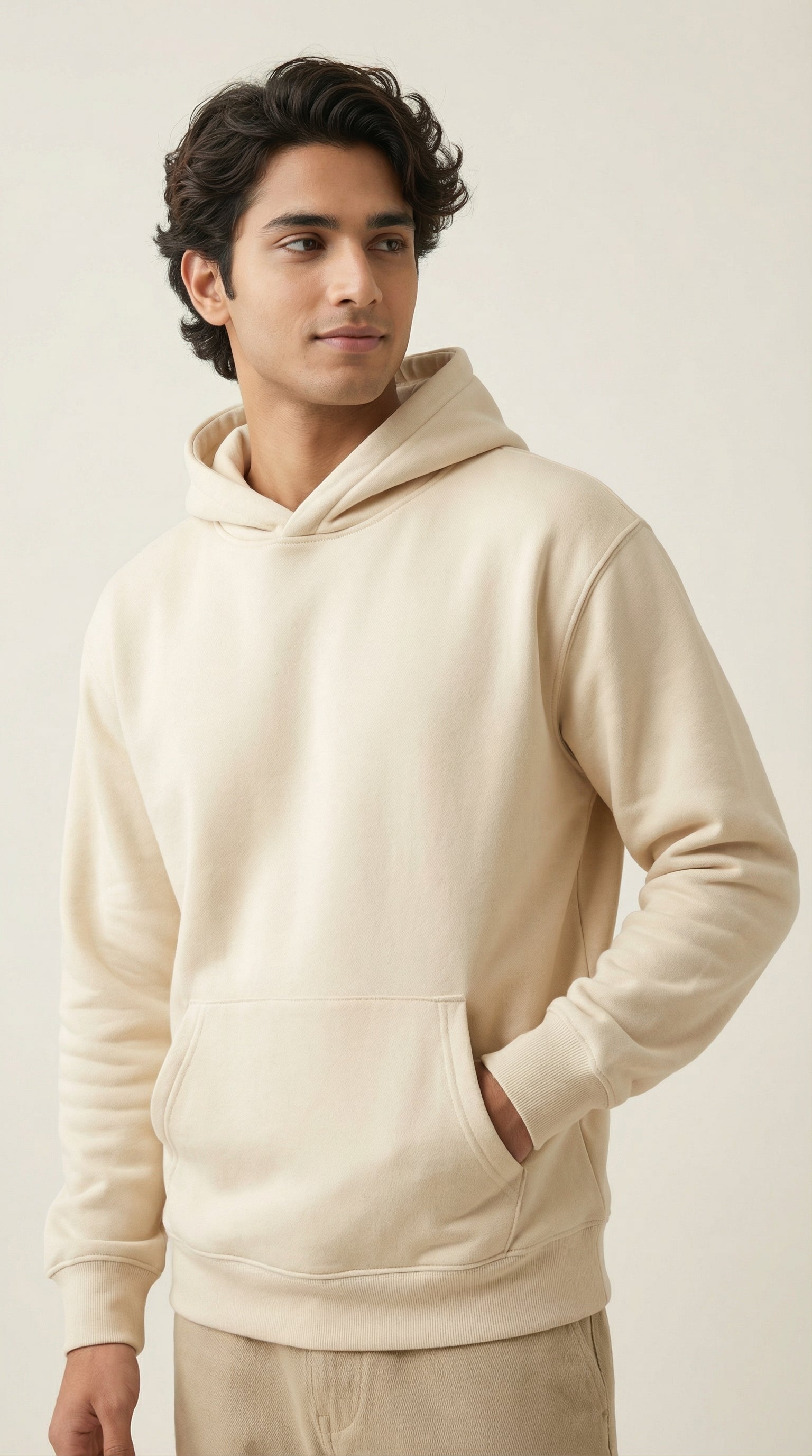Man wearing a beige hoodie against a plain background