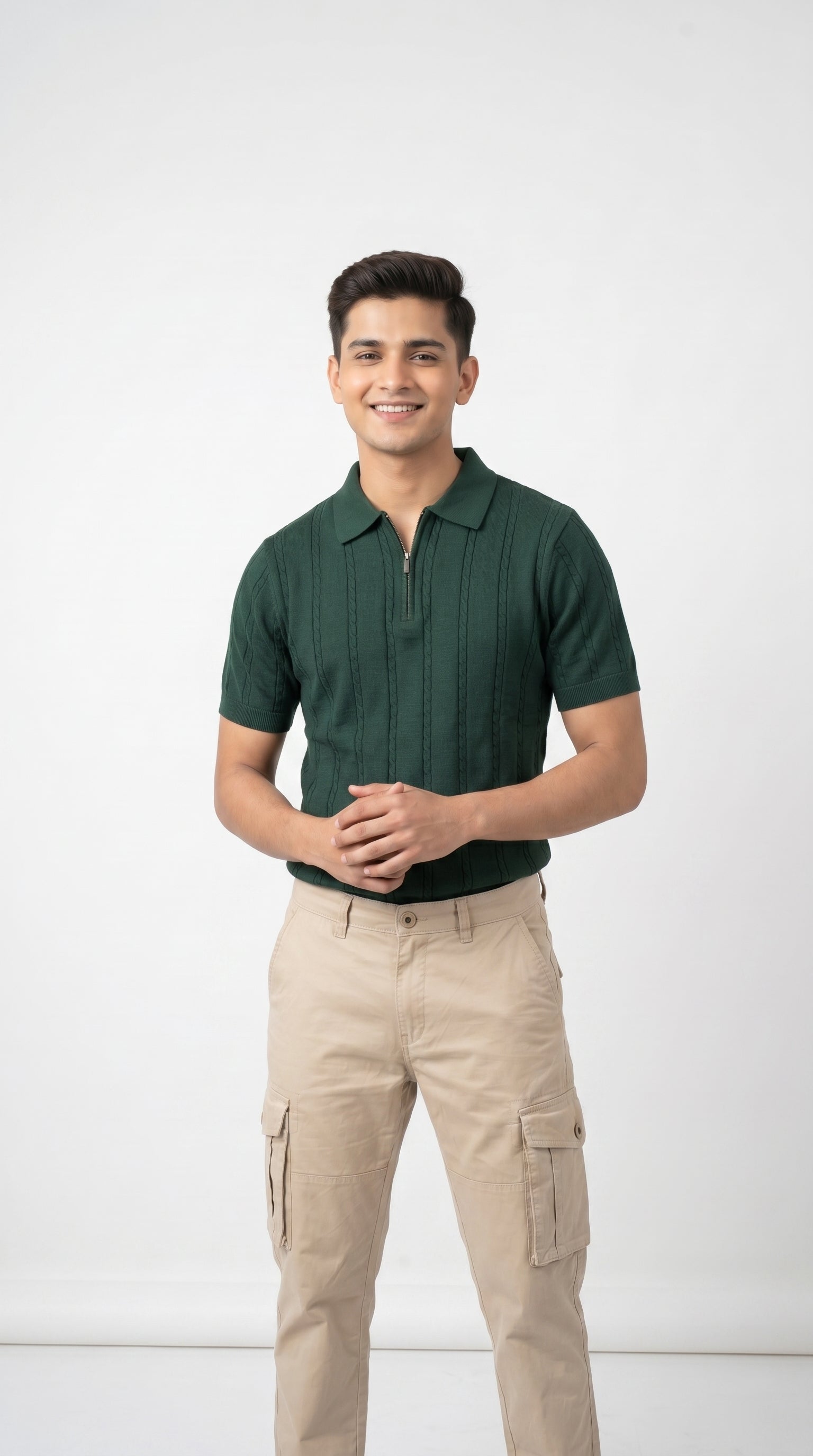 Men's Cable Knit Half-Zip Polo T-Shirt | Slim Fit | Half Sleeve | Textured Self-Design Knitwear |