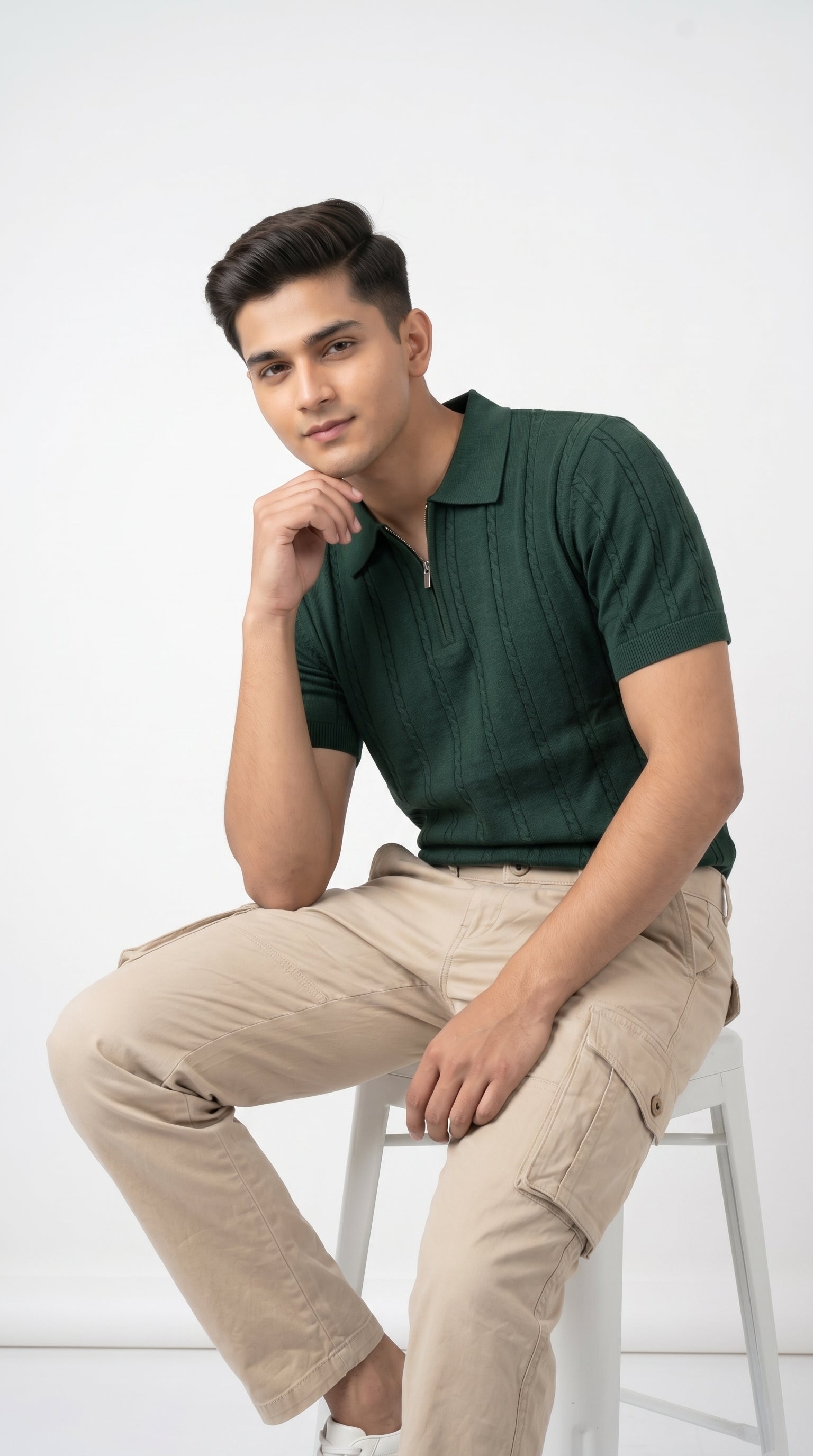 Men's Cable Knit Half-Zip Polo T-Shirt | Slim Fit | Half Sleeve | Textured Self-Design Knitwear |