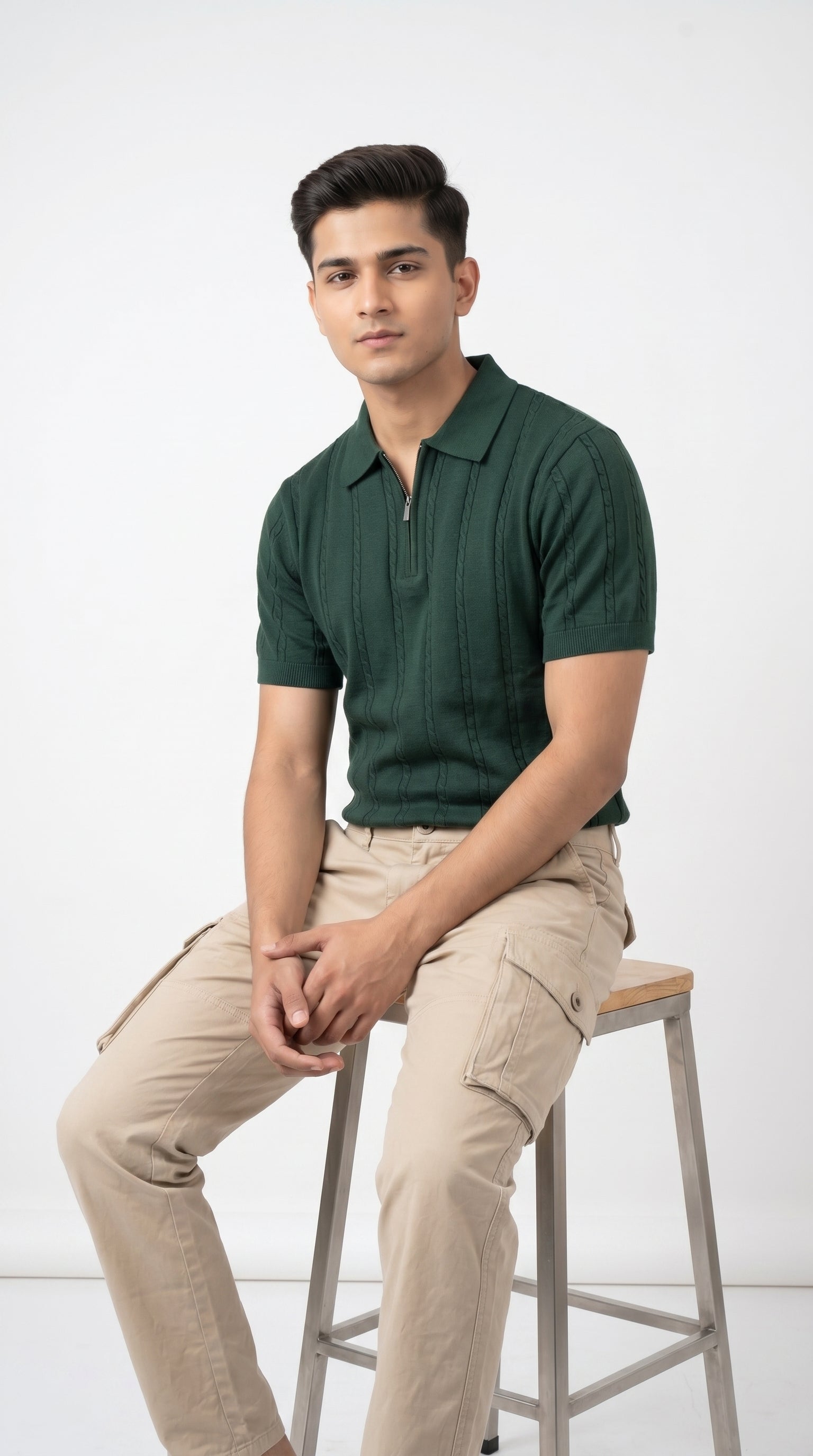 Men's Cable Knit Half-Zip Polo T-Shirt | Slim Fit | Half Sleeve | Textured Self-Design Knitwear |