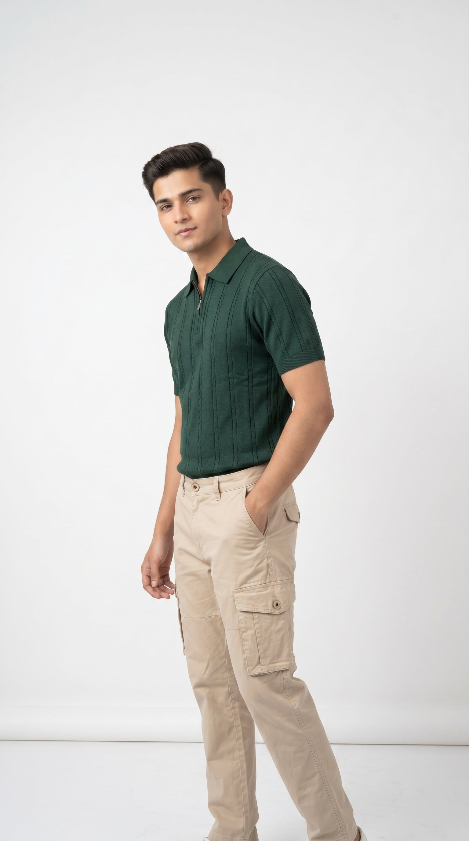 Men's Cable Knit Half-Zip Polo T-Shirt | Slim Fit | Half Sleeve | Textured Self-Design Knitwear |