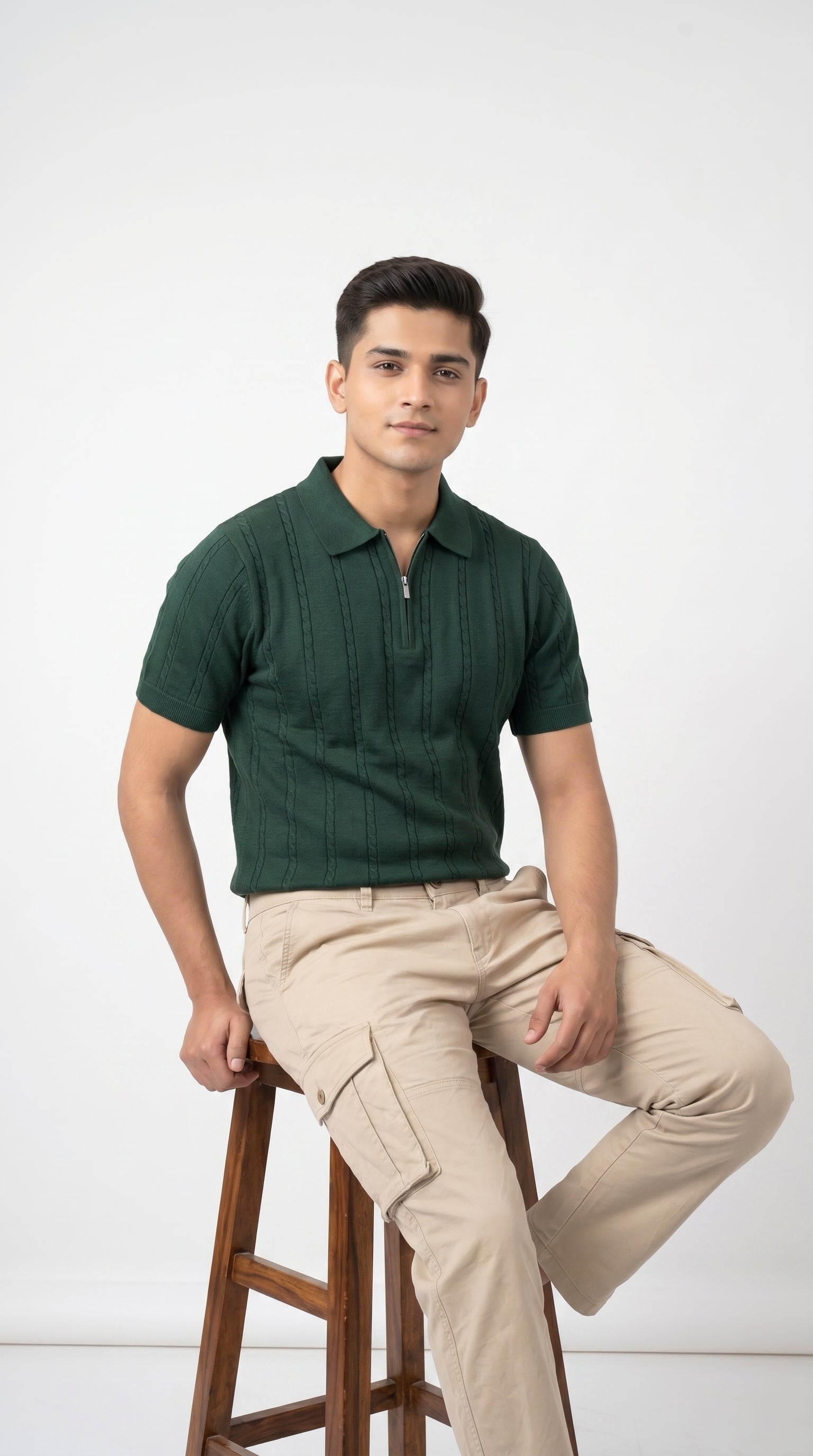 Men's Cable Knit Half-Zip Polo T-Shirt | Slim Fit | Half Sleeve | Textured Self-Design Knitwear |