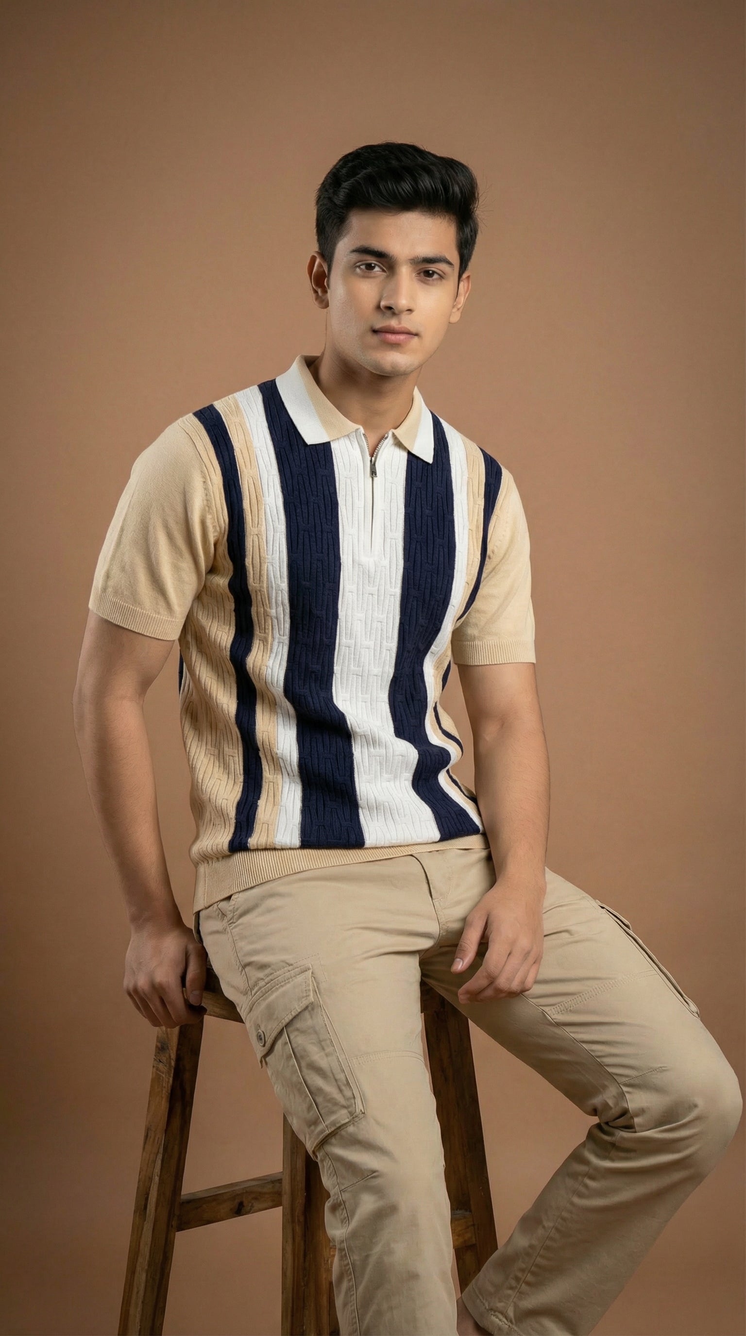 Men's Cable Knit Zip Polo - Beige Navy Cotton Knitted