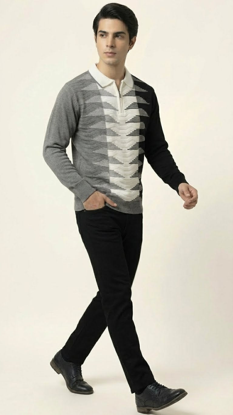 Geometric Wave Knit Polo for Men