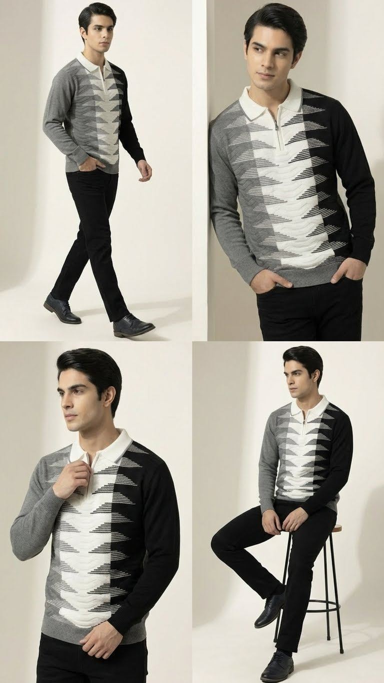 Geometric Wave Knit Polo for Men