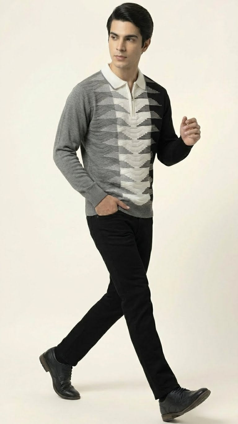 Geometric Wave Knit Polo for Men