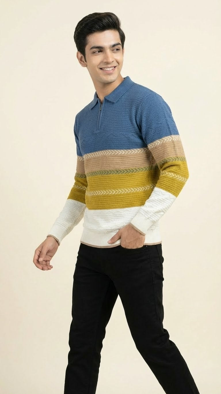 Men’s Premium Multicolor Knitted Cotton Polo – Textured Zip Collar