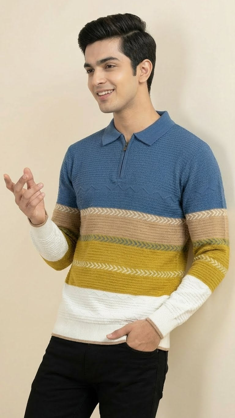 Men’s Premium Multicolor Knitted Cotton Polo – Textured Zip Collar