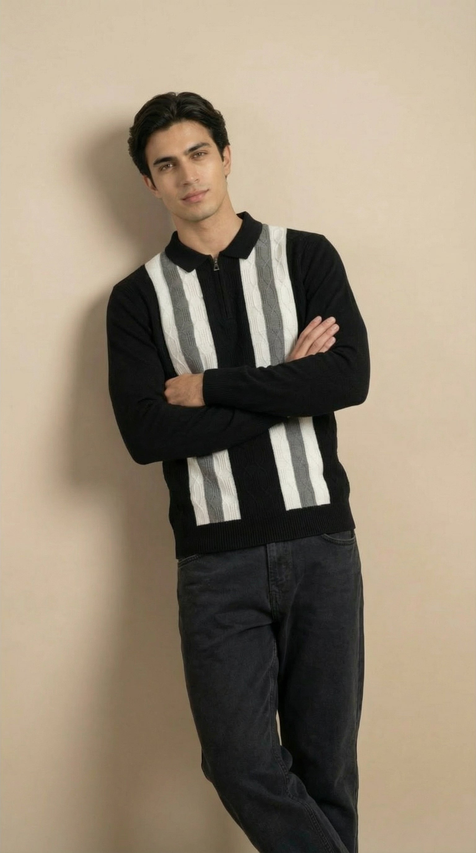 Men’s Vertical Stripe Textured Knit Polo T-Shirt