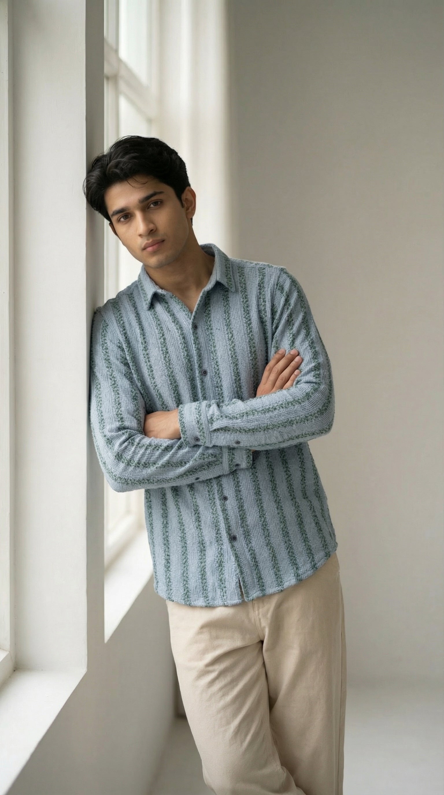 Azure Bloom Textured Crochet Shirt