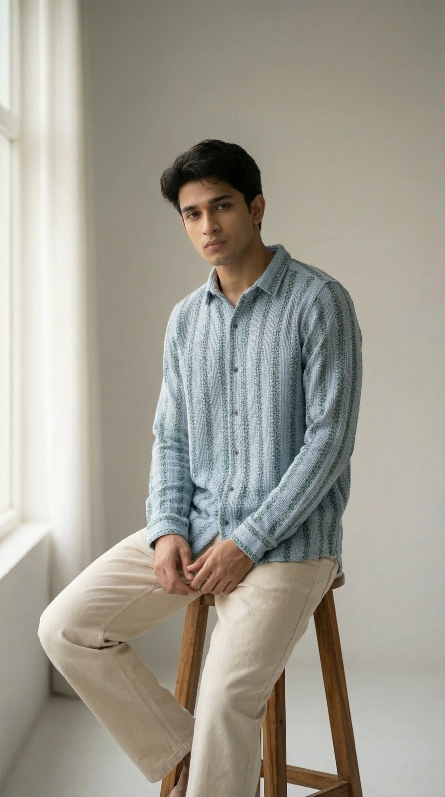 Azure Bloom Textured Crochet Shirt