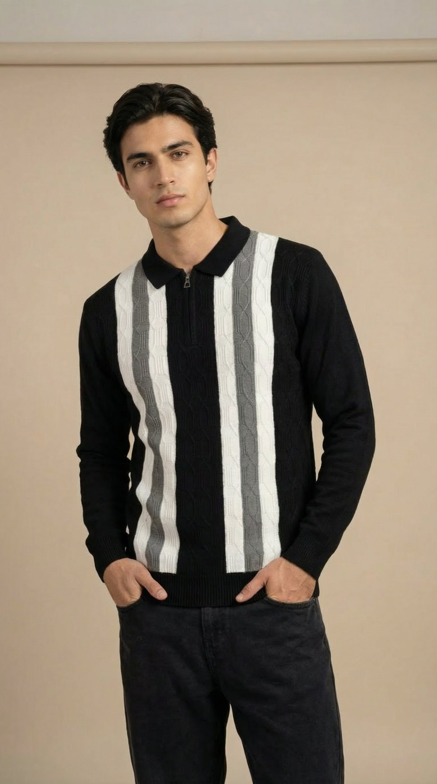 Men’s Vertical Stripe Textured Knit Polo T-Shirt