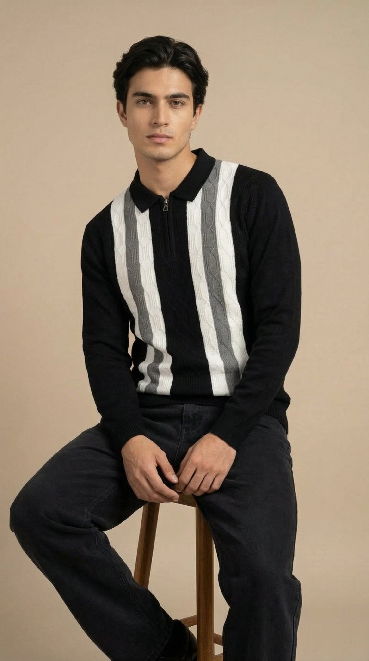 Men’s Vertical Stripe Textured Knit Polo T-Shirt