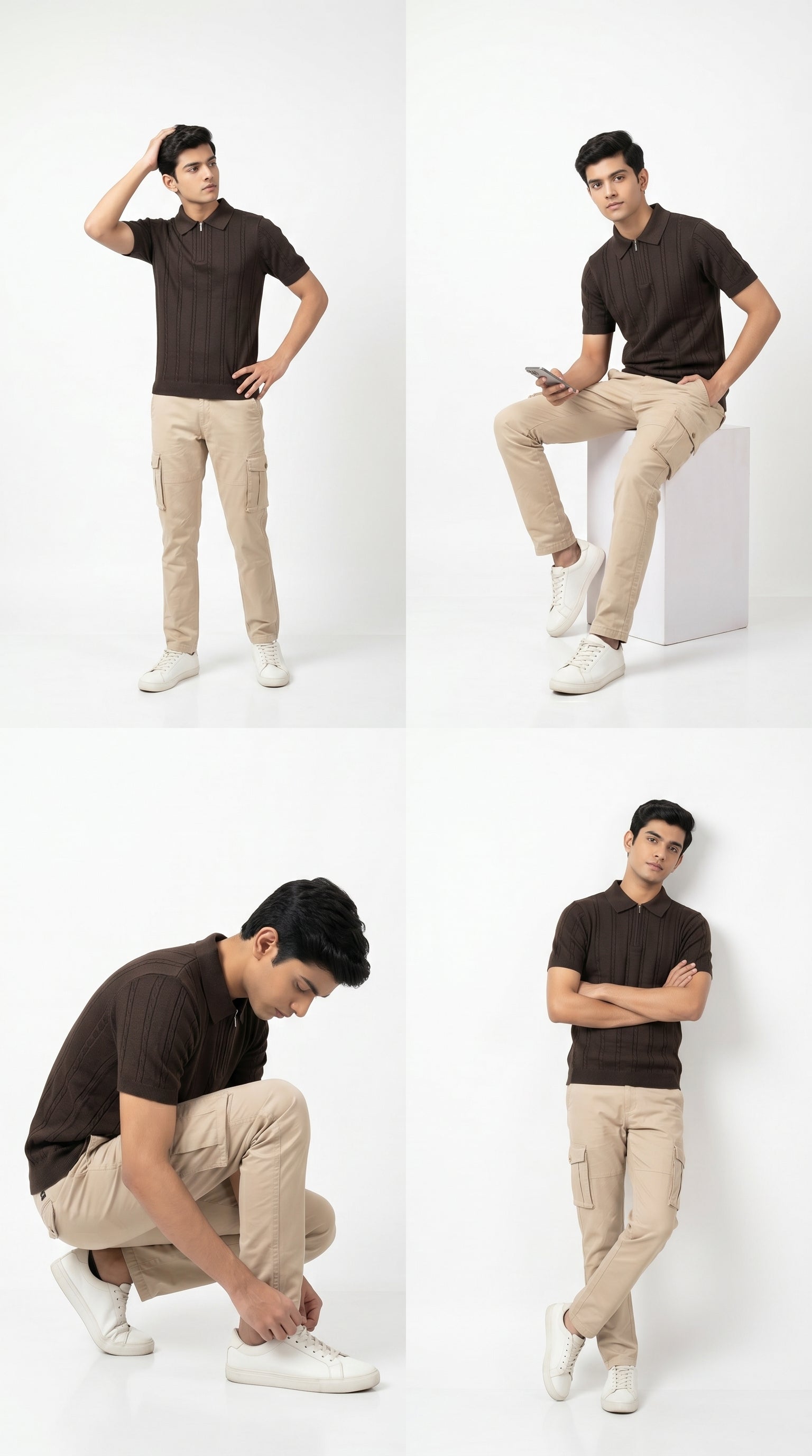 Men's Cable Knit Half-Zip Polo T-Shirt | Slim Fit | Half Sleeve | Textured Self-Design Knitwear |