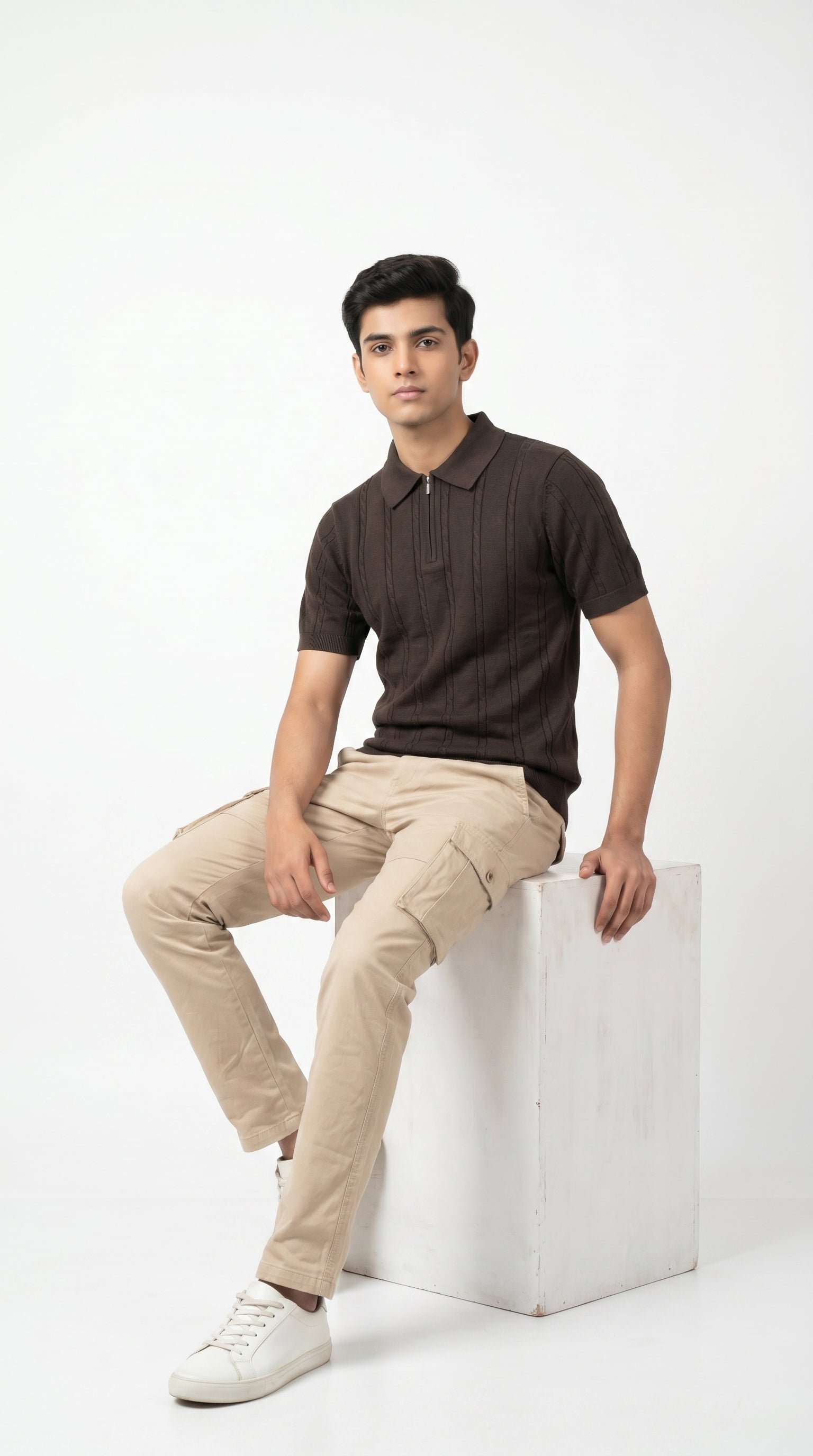 Men's Cable Knit Half-Zip Polo T-Shirt | Slim Fit | Half Sleeve | Textured Self-Design Knitwear |