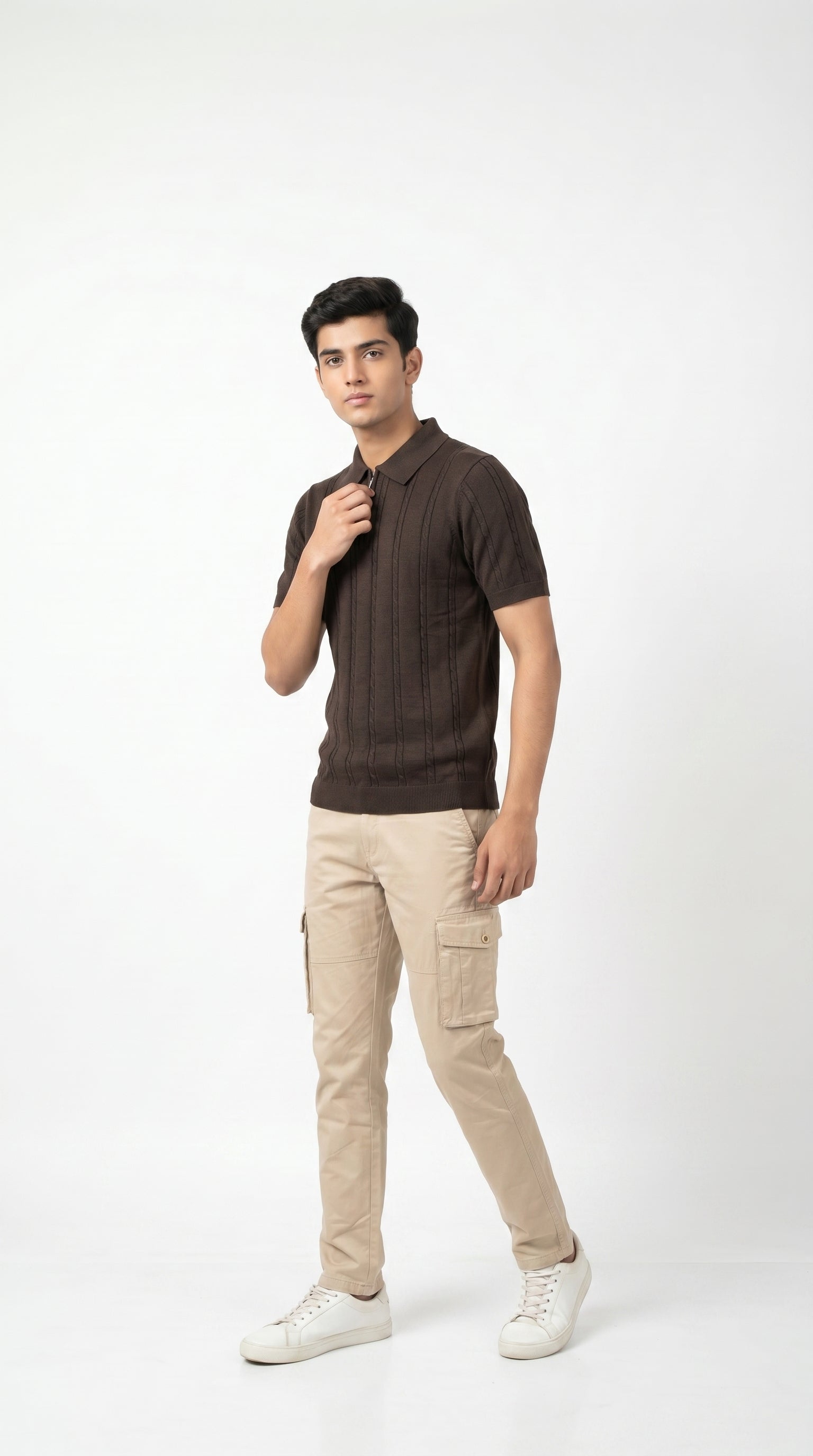 Men's Cable Knit Half-Zip Polo T-Shirt | Slim Fit | Half Sleeve | Textured Self-Design Knitwear |