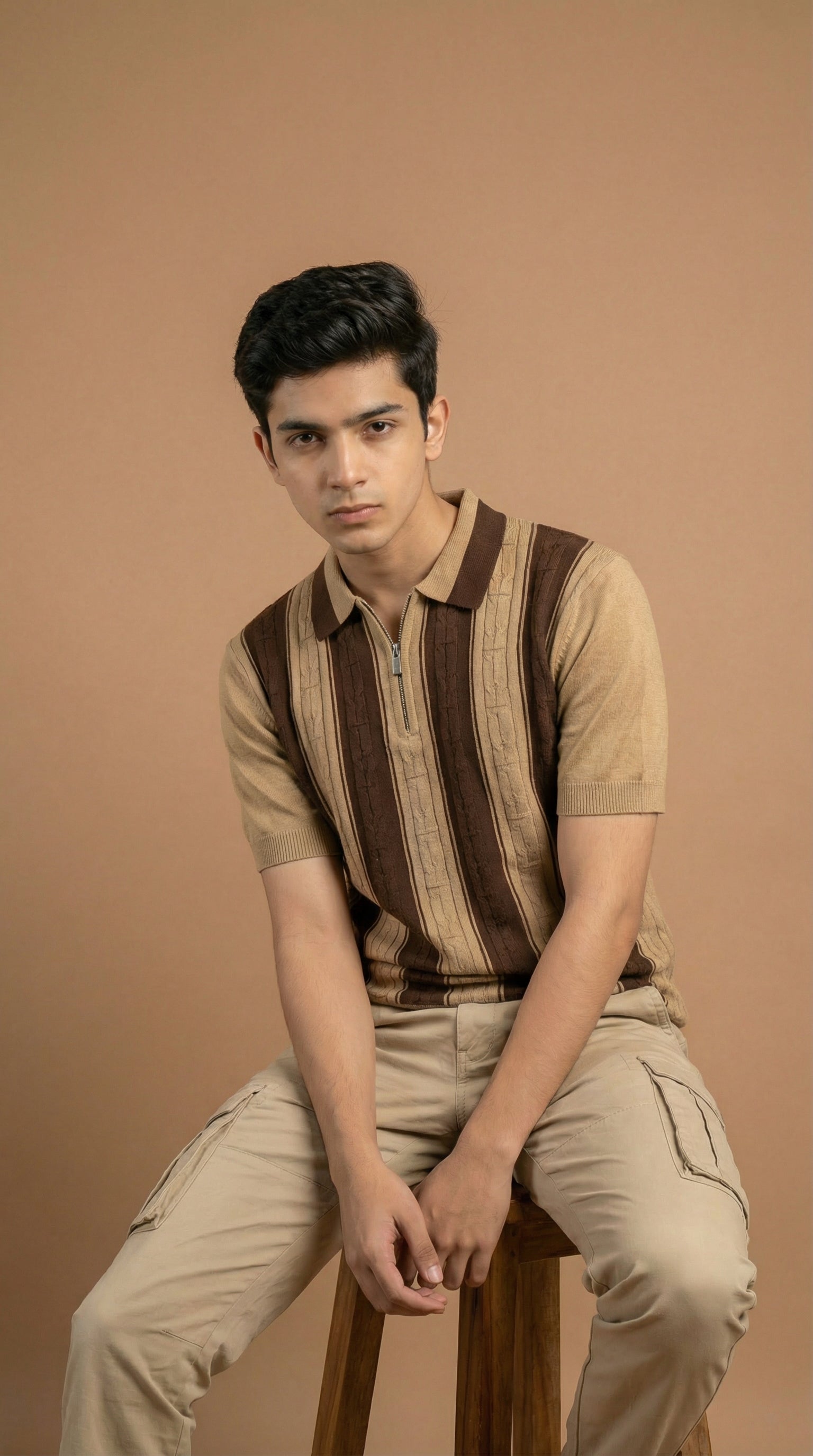 Men's Cable Knit Striped Polo  - Brown Tan Cotton Knitted