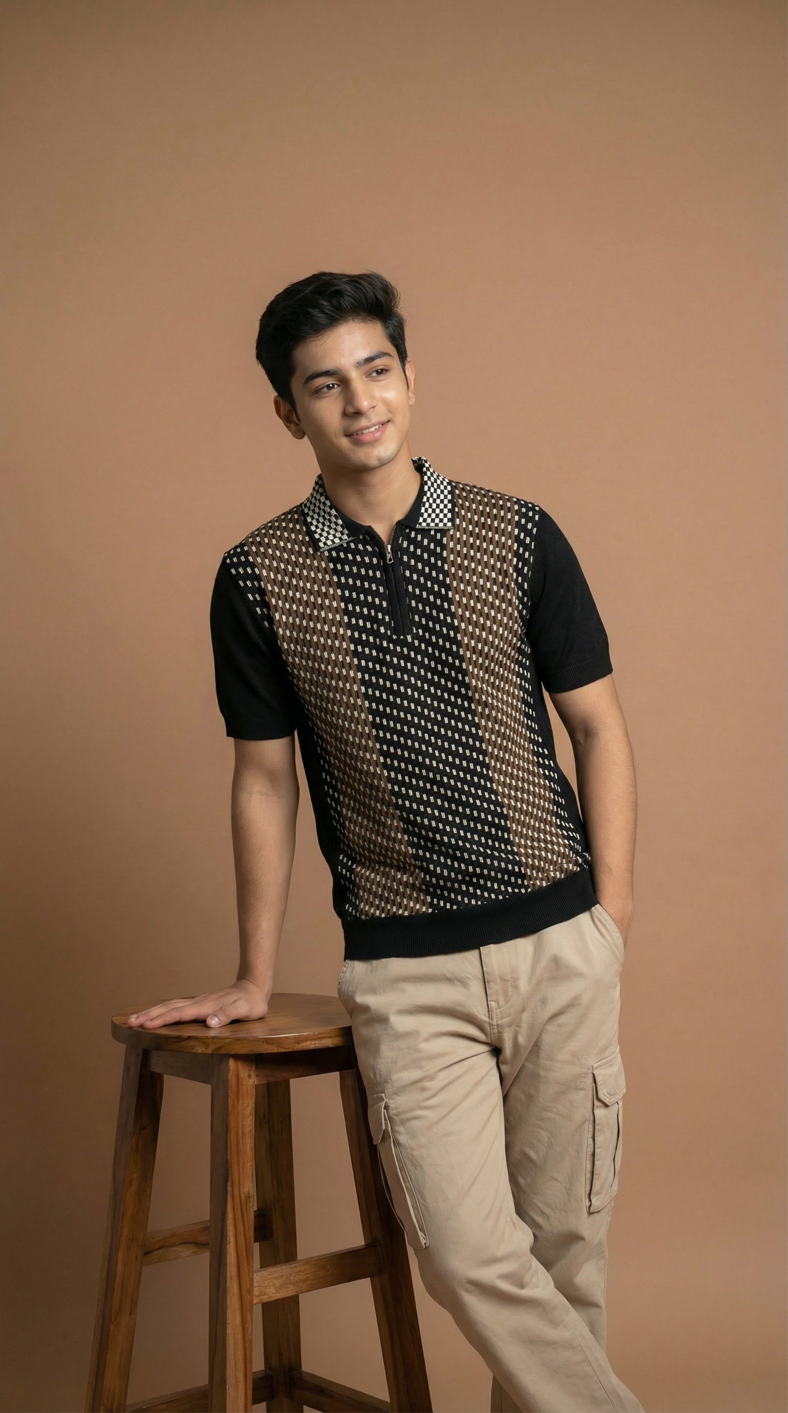 Men's Geometric Pattern Polo - Black Multi Cotton Knitted