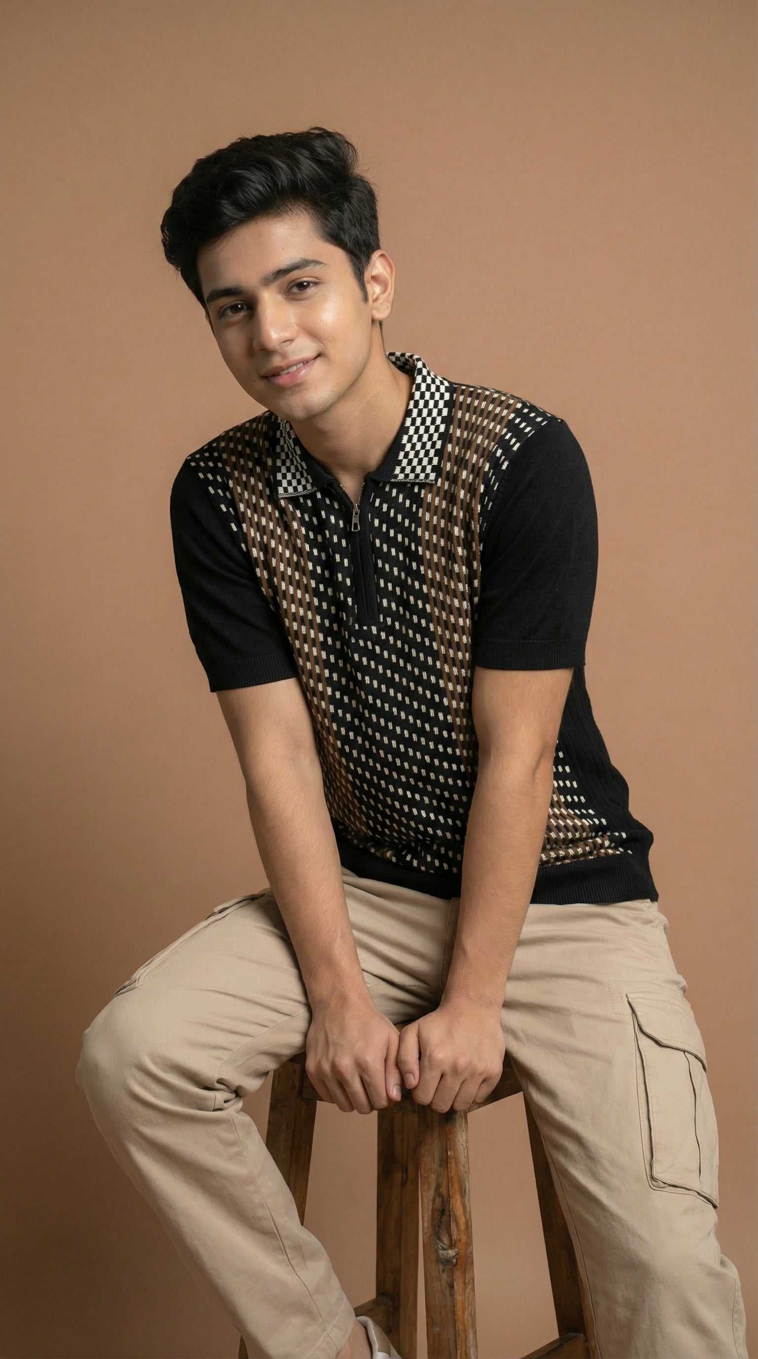 Men's Geometric Pattern Polo - Black Multi Cotton Knitted