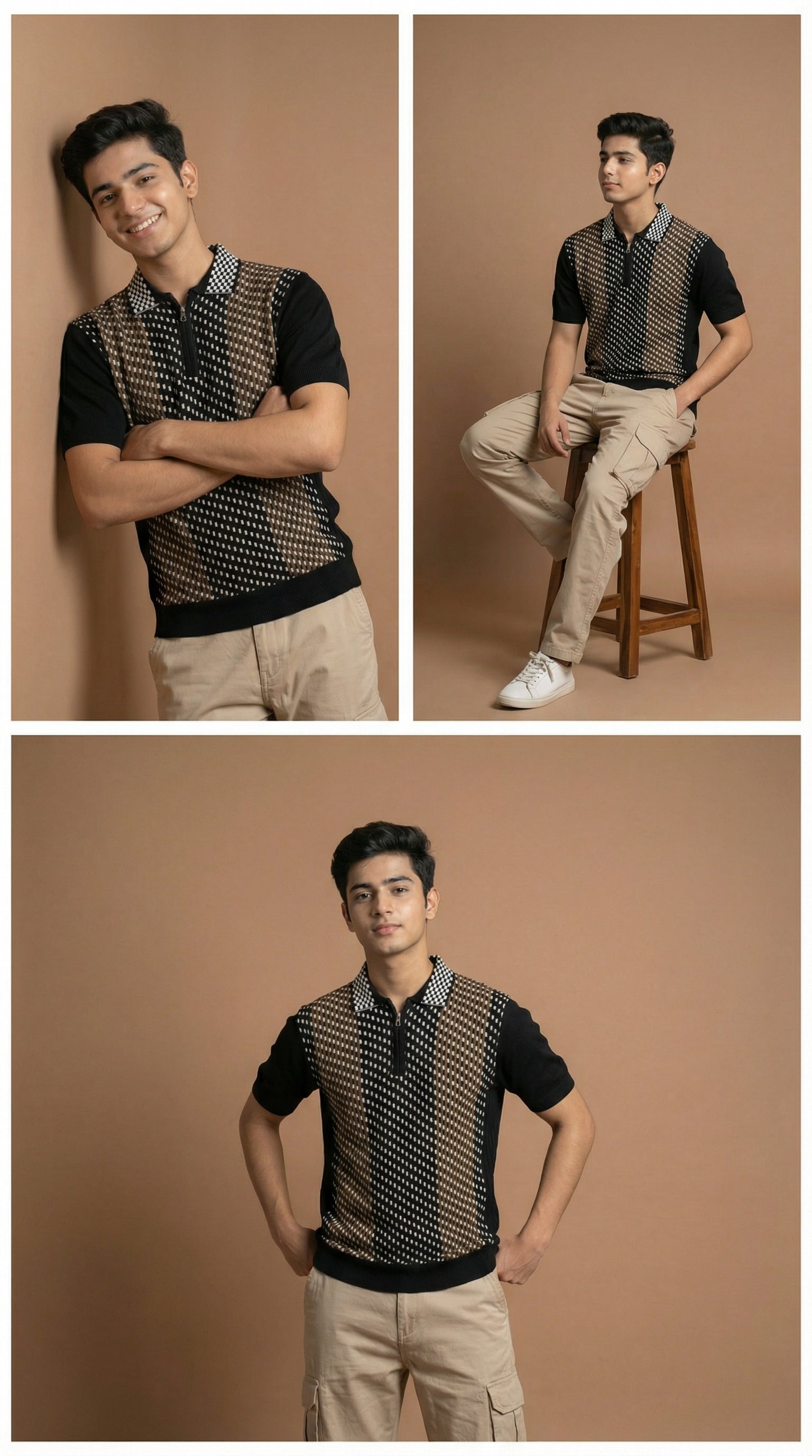 Men's Geometric Pattern Polo - Black Multi Cotton Knitted