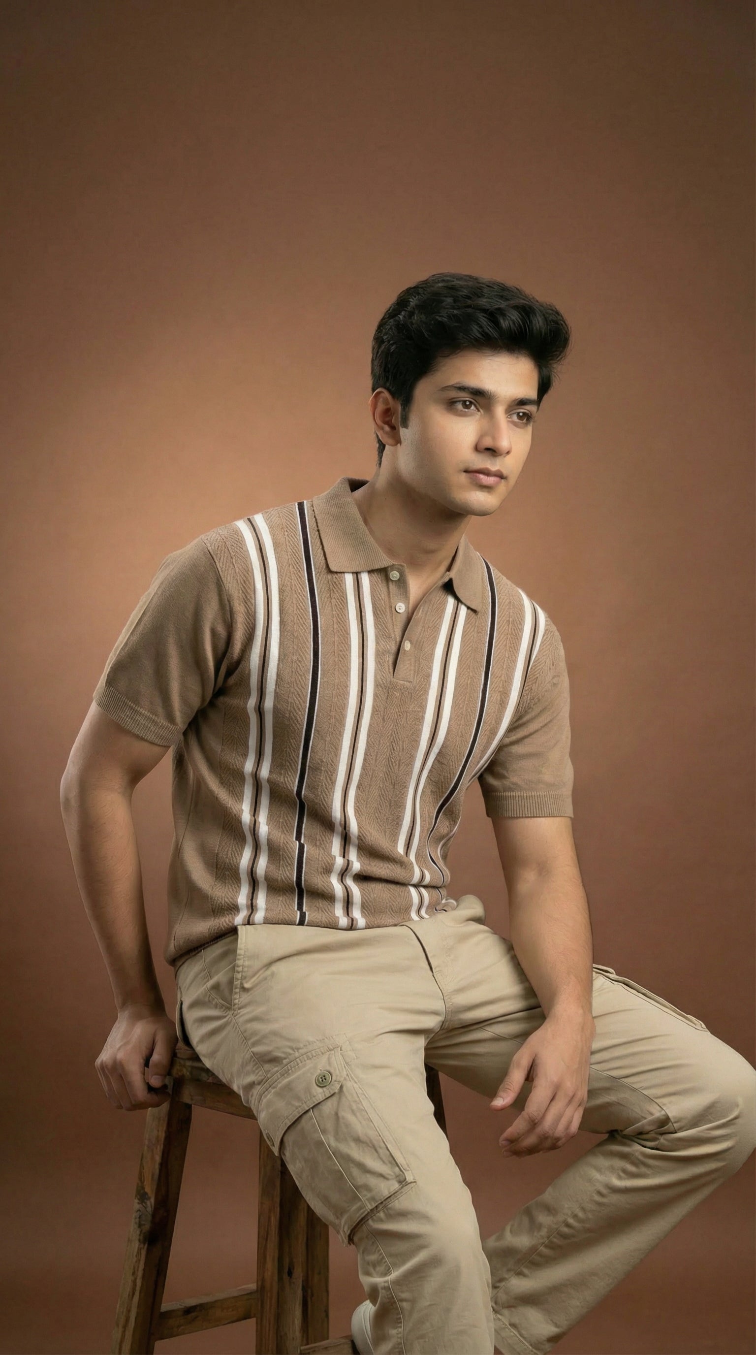 Men's Vintage Cable Knit Polo  - Camel Brown Cotton Knitted