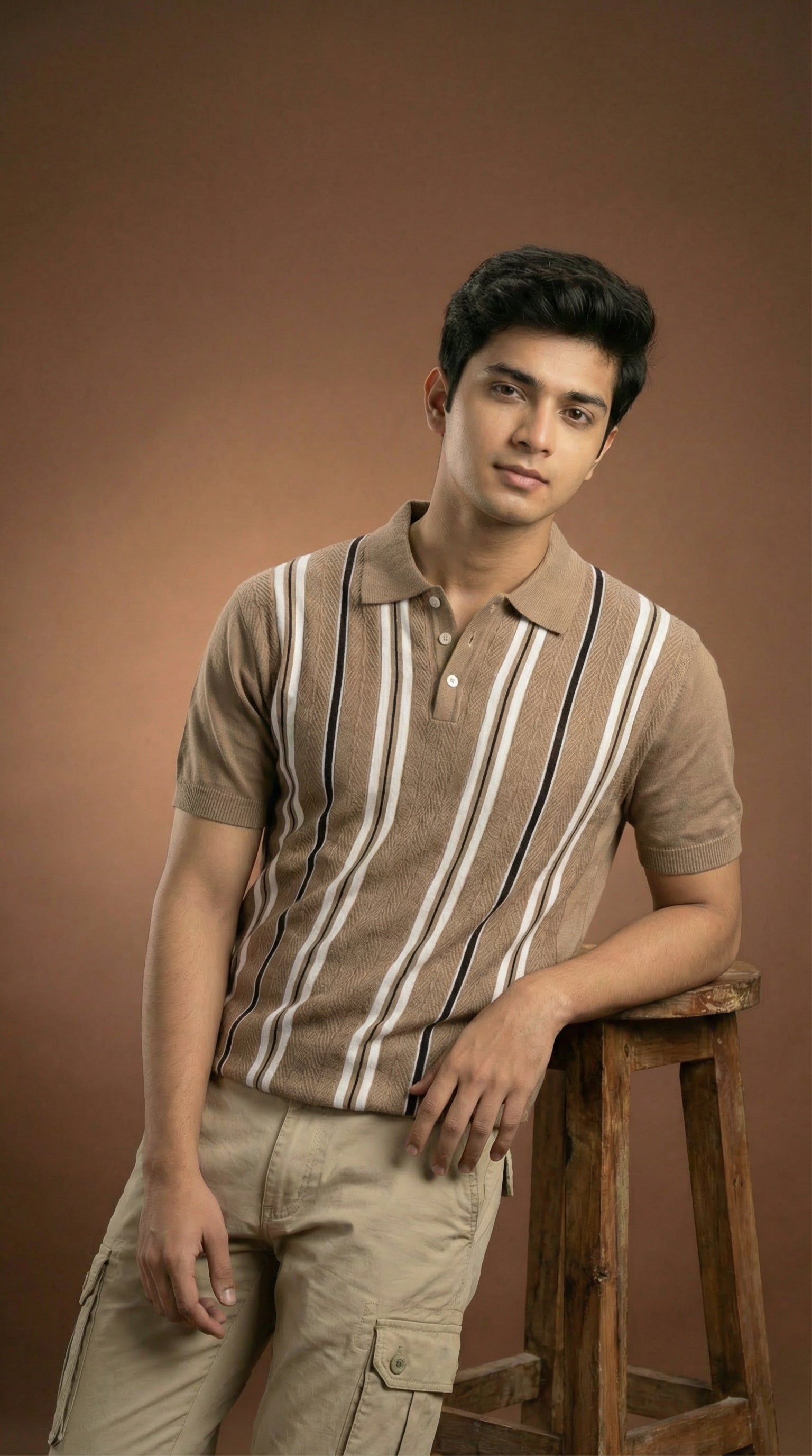 Men's Vintage Cable Knit Polo  - Camel Brown Cotton Knitted