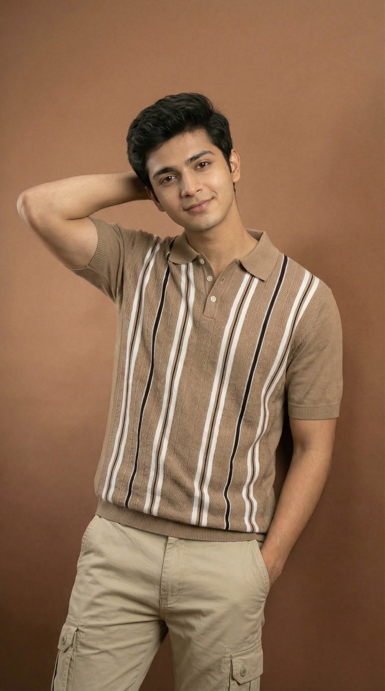 Men's Vintage Cable Knit Polo  - Camel Brown Cotton Knitted