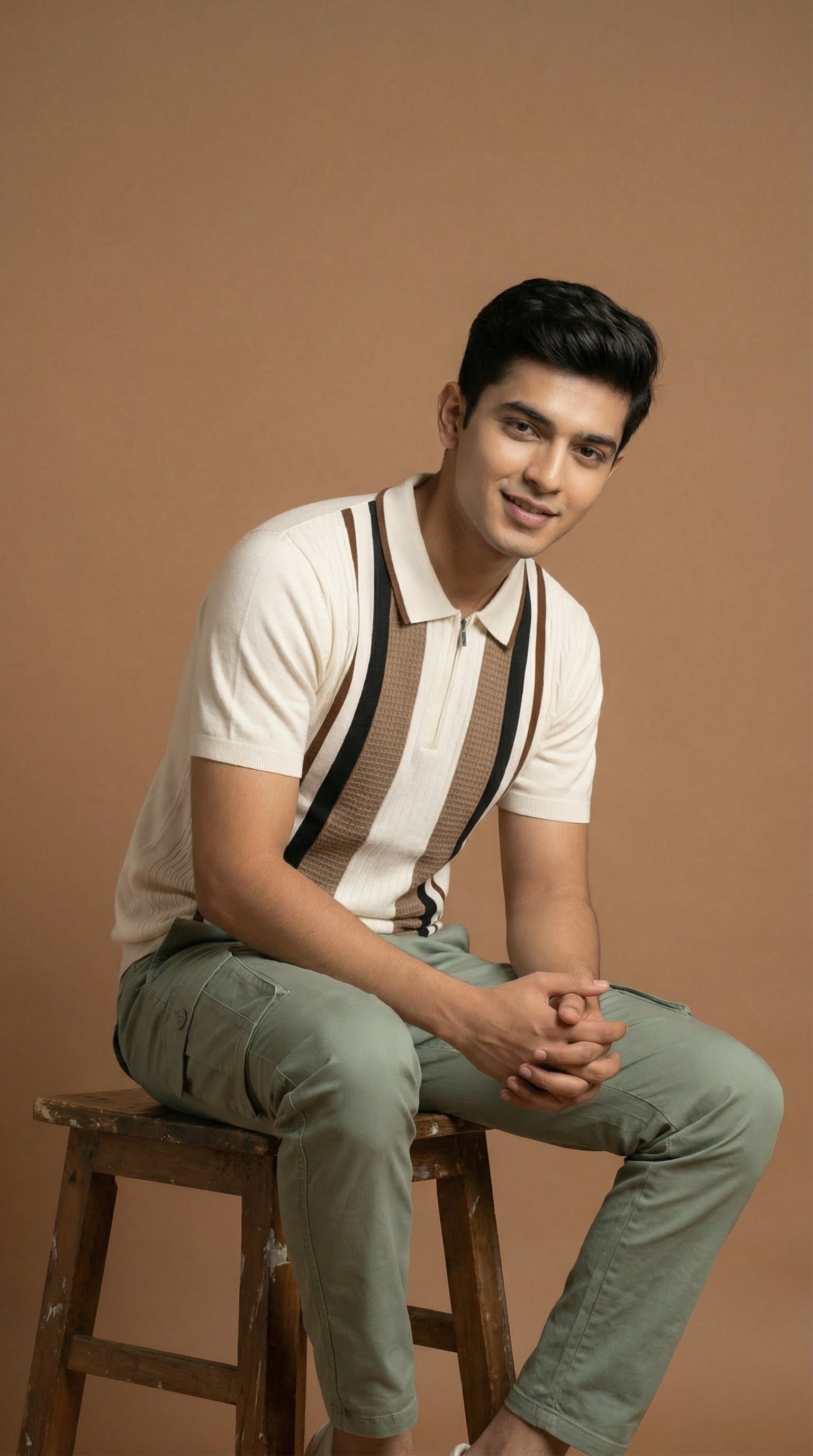 Men's Textured Panel Zip Polo  - Cream Multi Cotton Knitted