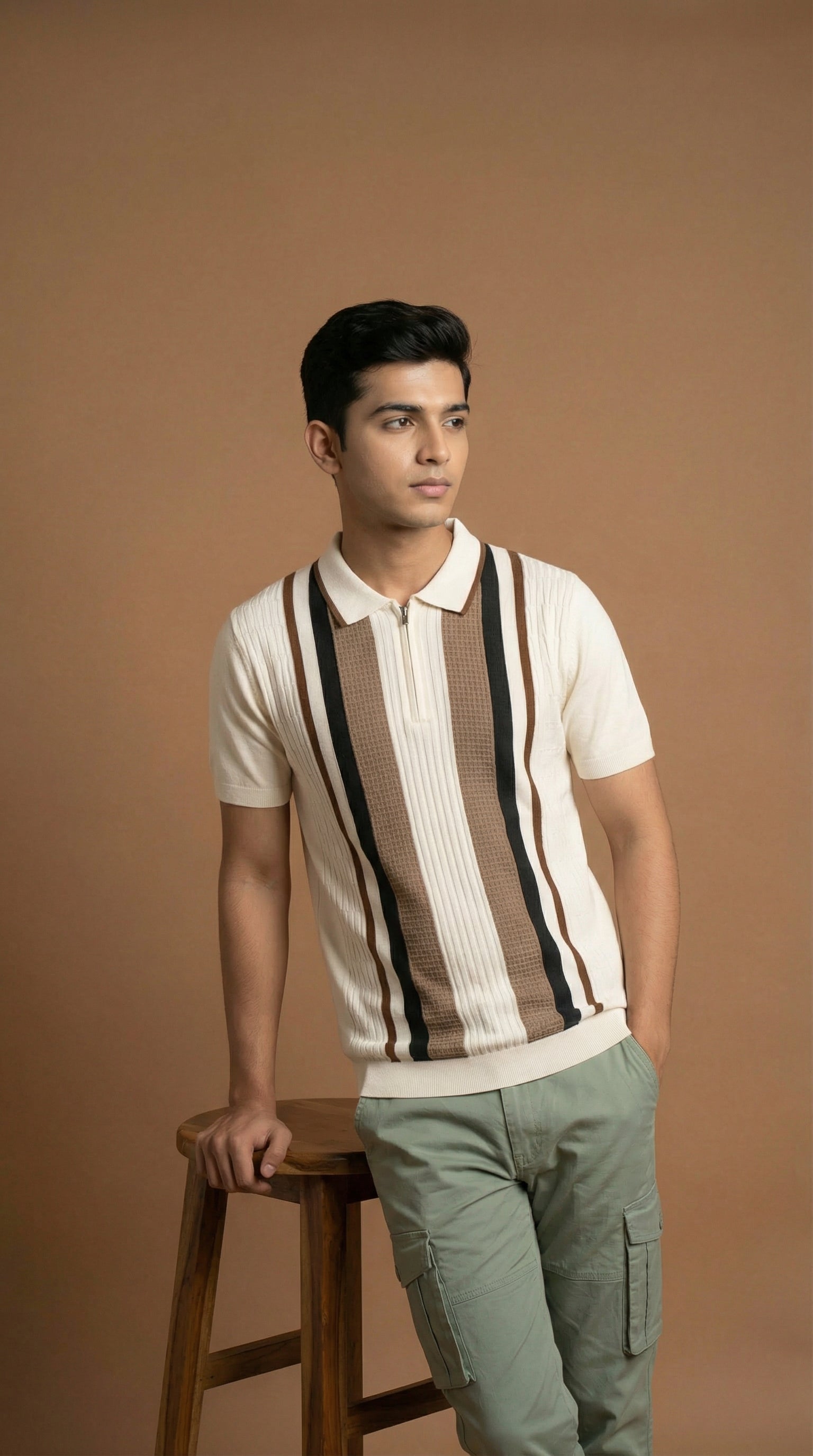 Men's Textured Panel Zip Polo  - Cream Multi Cotton Knitted