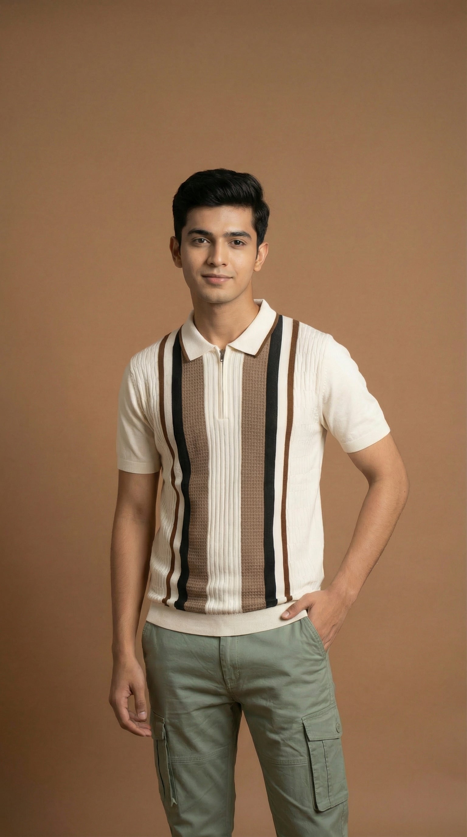 Men's Textured Panel Zip Polo  - Cream Multi Cotton Knitted