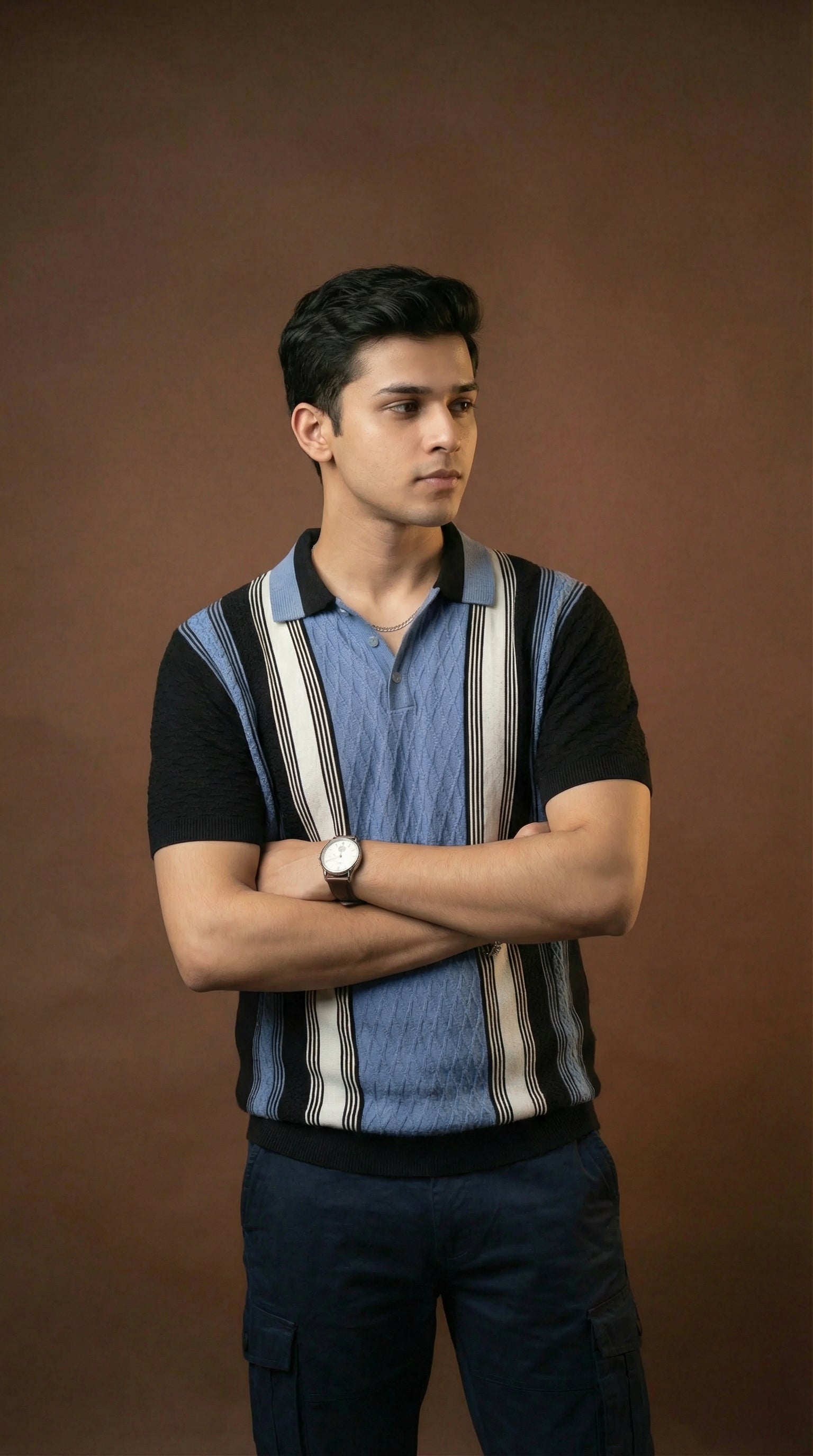 Men's Cable Knit Striped Polo - Navy Multi Color Cotton