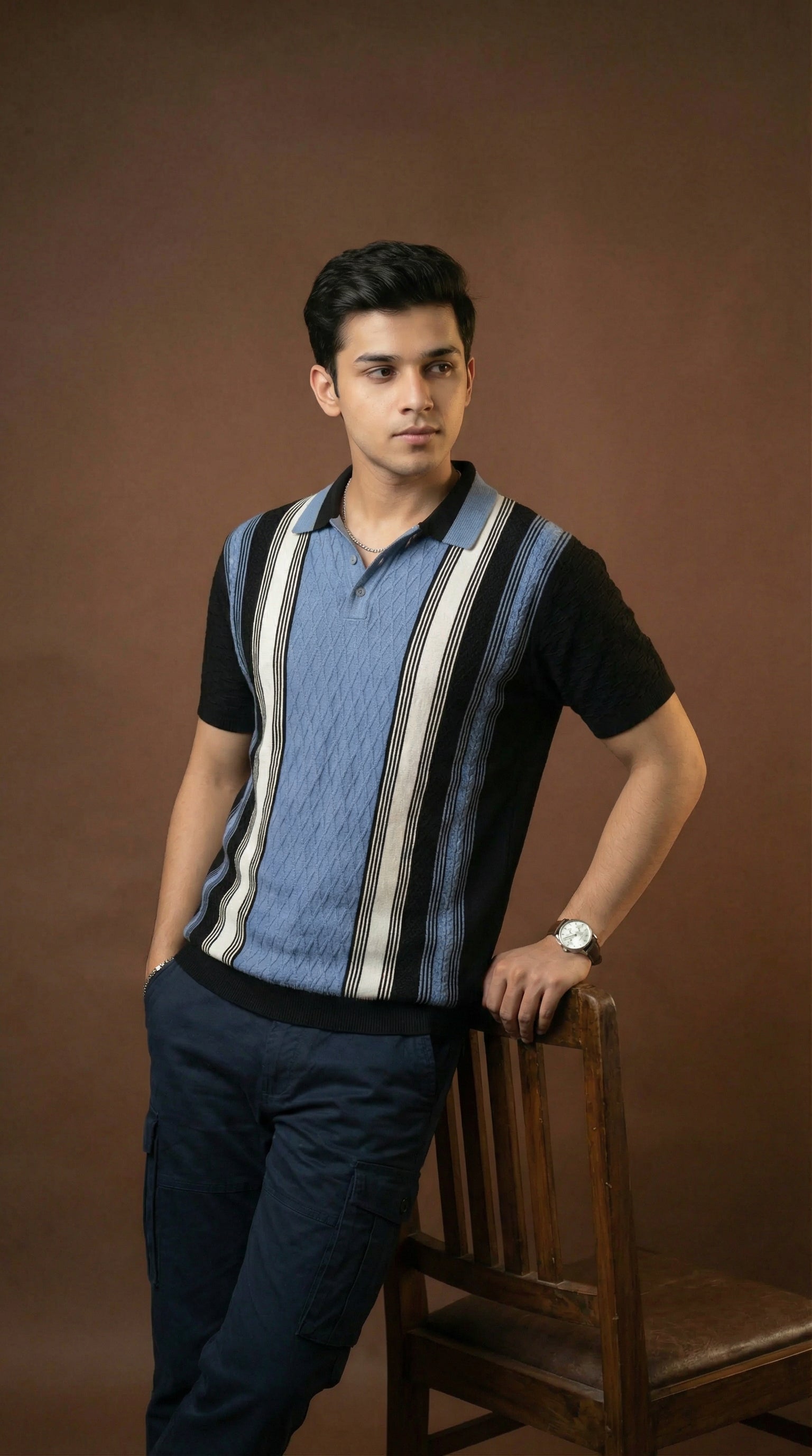 Men's Cable Knit Striped Polo - Navy Multi Color Cotton