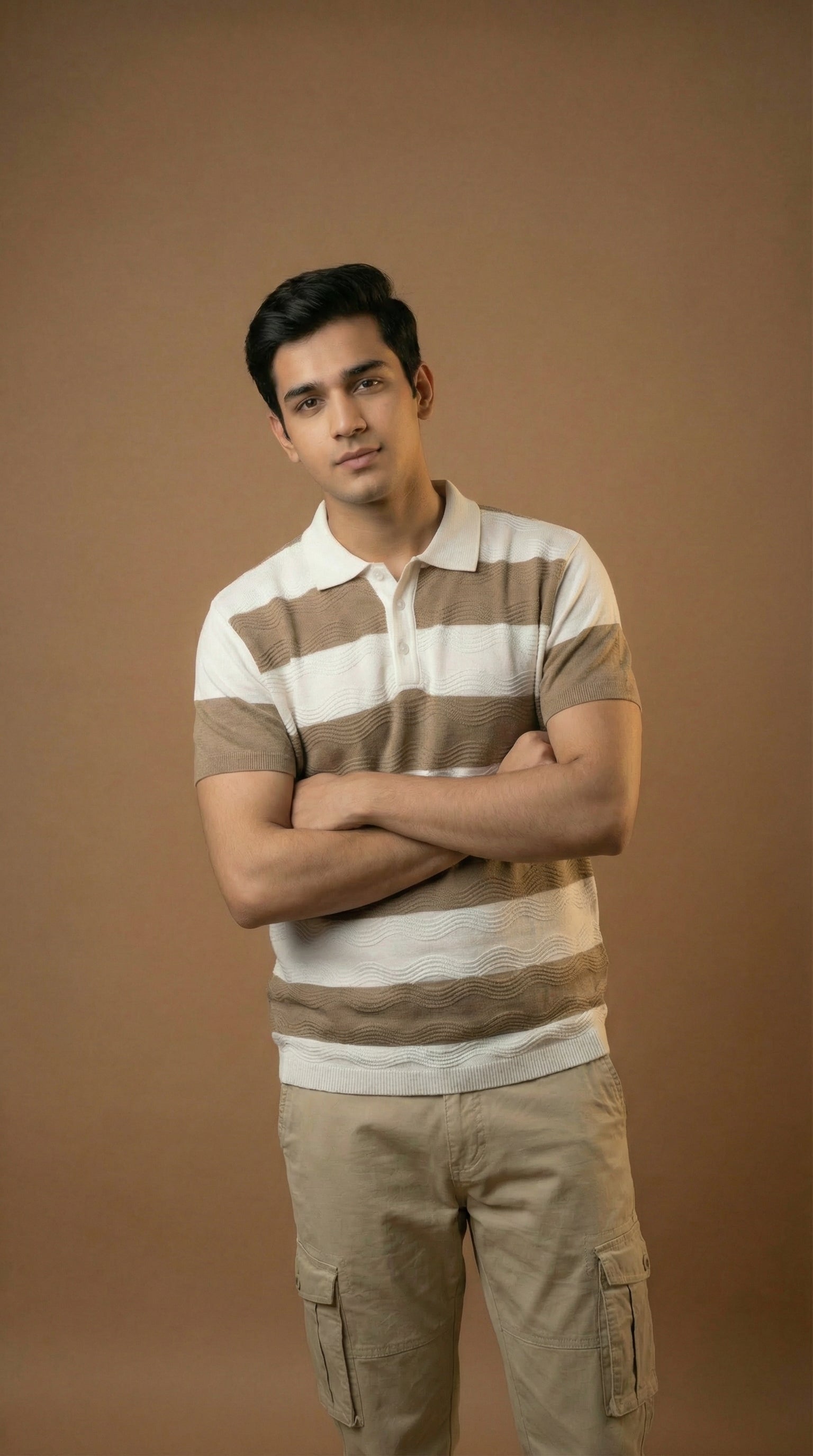 Men's Textured Striped Polo - Beige Brown Cotton Knitted