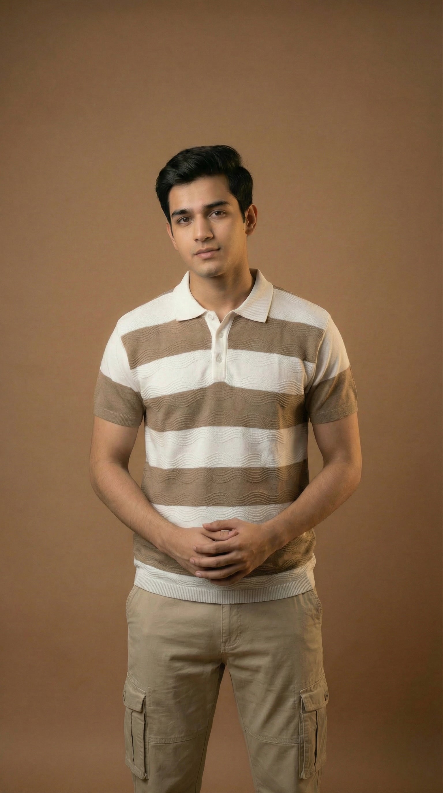 Men's Textured Striped Polo - Beige Brown Cotton Knitted