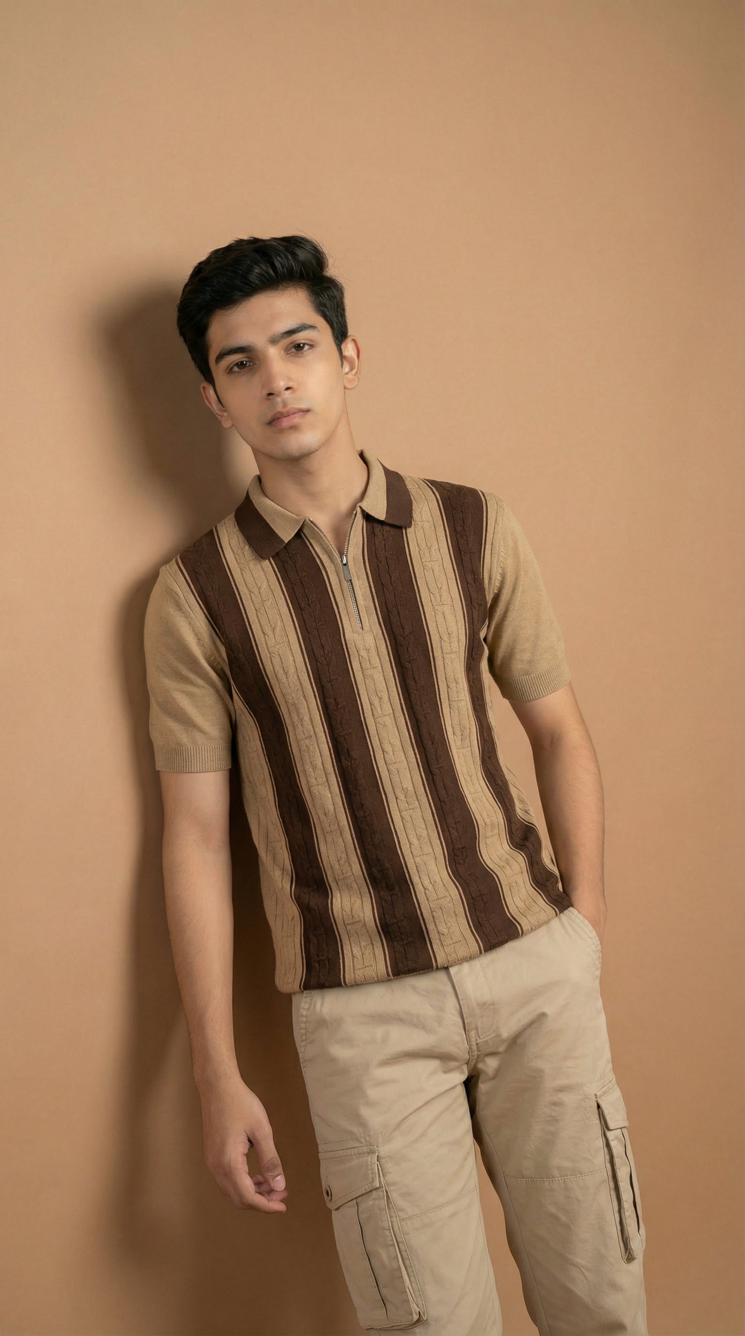 Men's Cable Knit Striped Polo  - Brown Tan Cotton Knitted