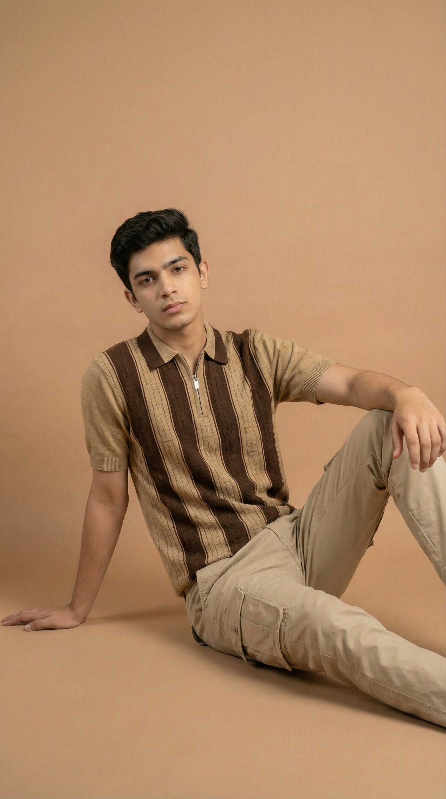 Men's Cable Knit Striped Polo  - Brown Tan Cotton Knitted