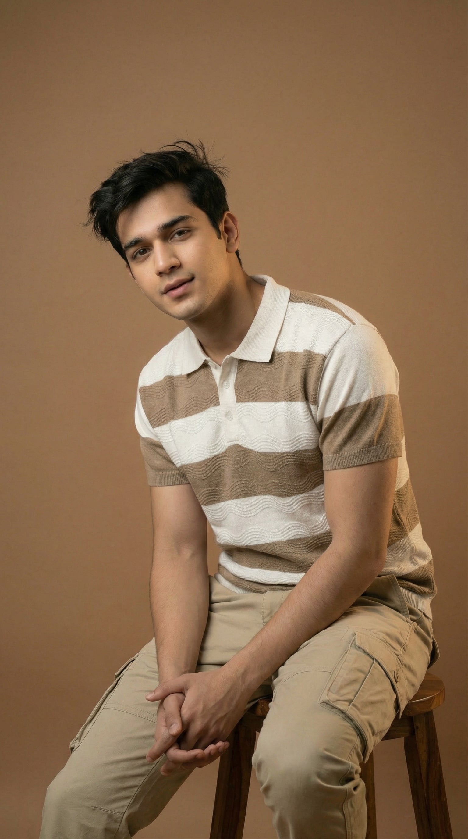 Men's Textured Striped Polo - Beige Brown Cotton Knitted