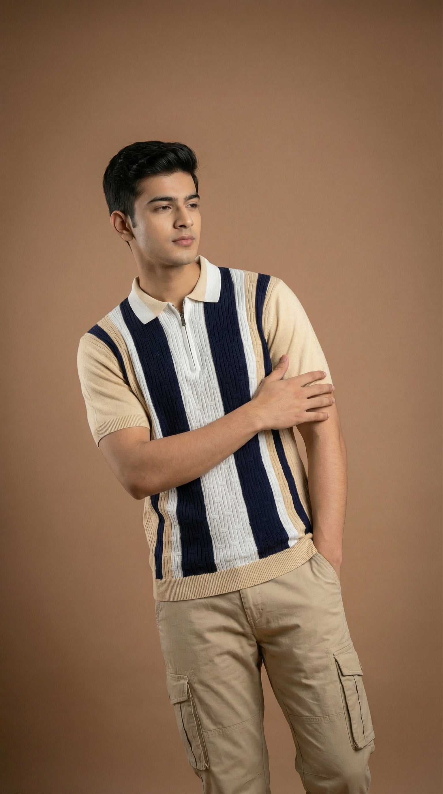 Men's Cable Knit Zip Polo - Beige Navy Cotton Knitted