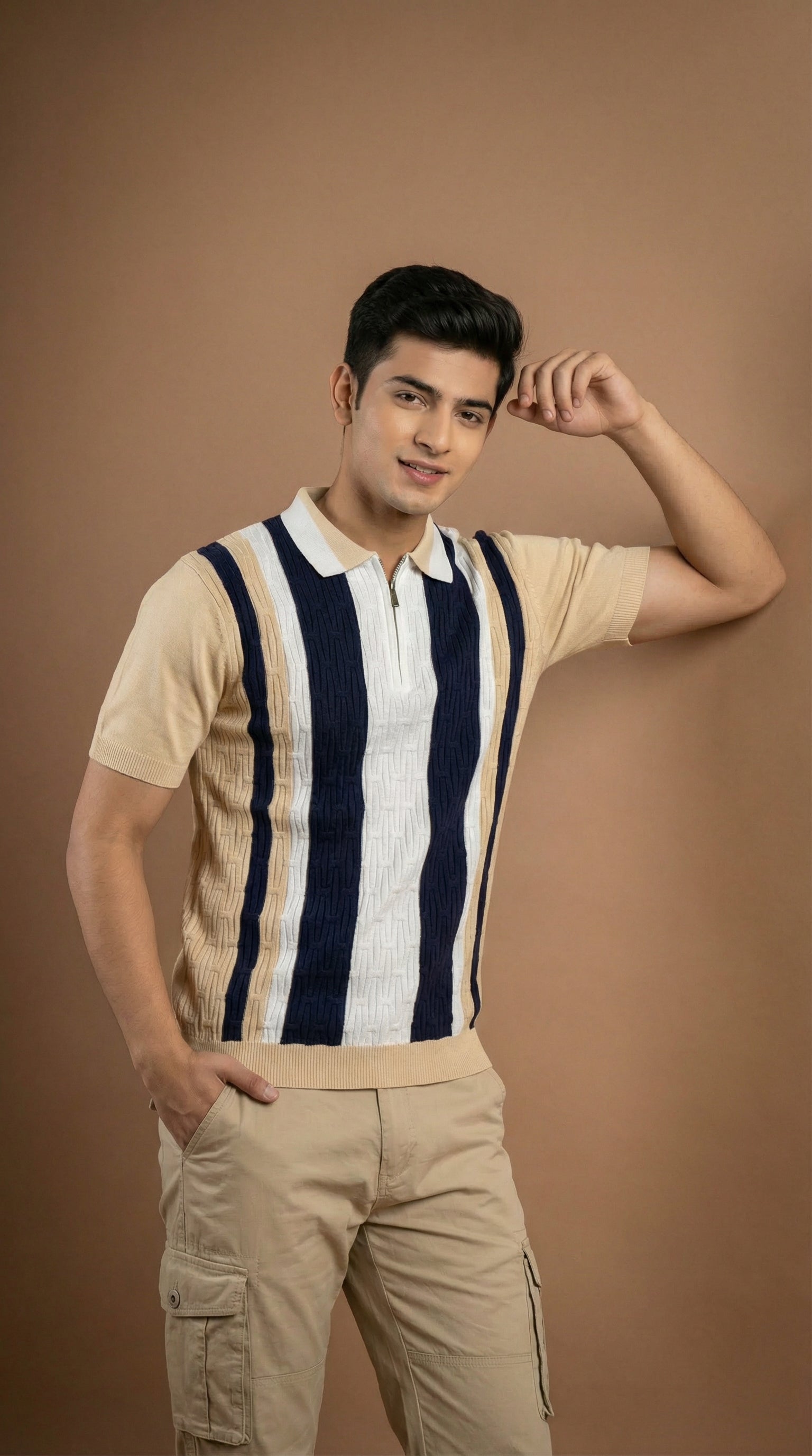 Men's Cable Knit Zip Polo - Beige Navy Cotton Knitted