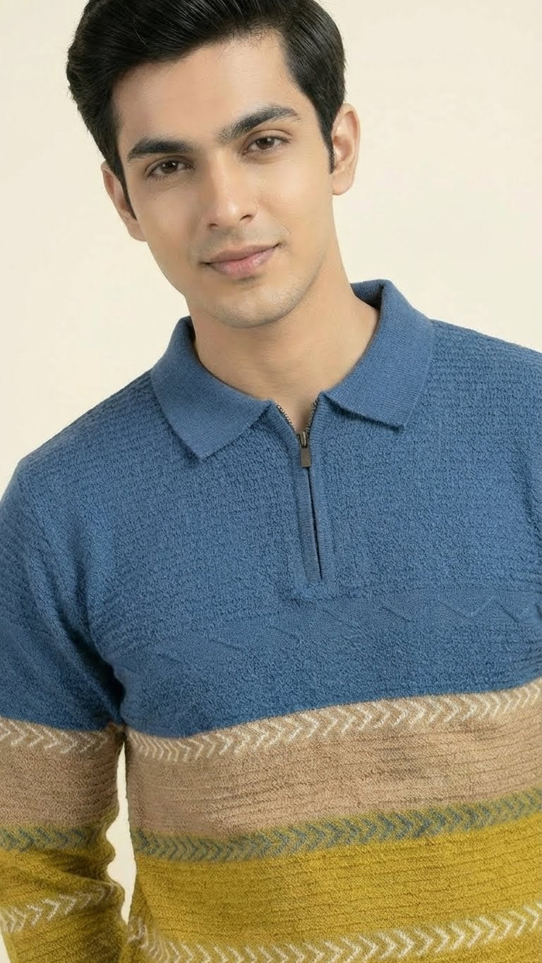 Men’s Premium Multicolor Knitted Cotton Polo – Textured Zip Collar