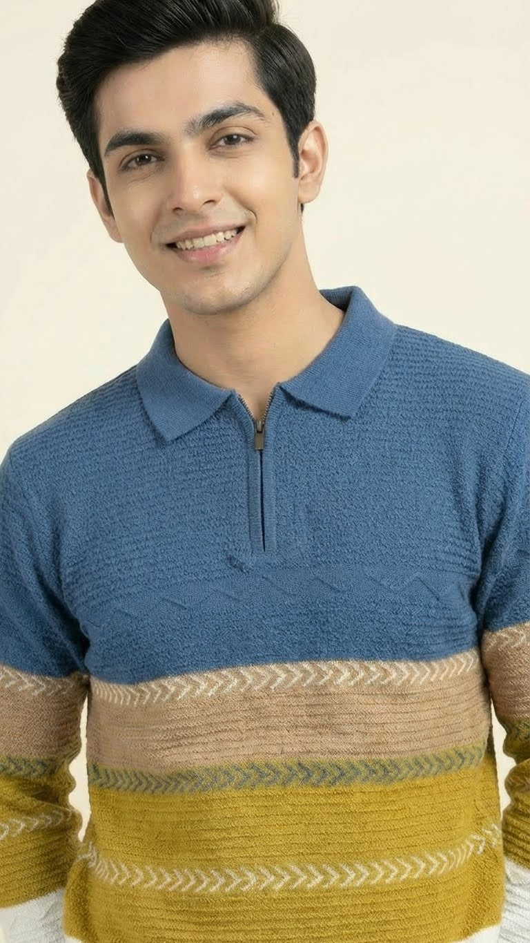 Men’s Premium Multicolor Knitted Cotton Polo – Textured Zip Collar