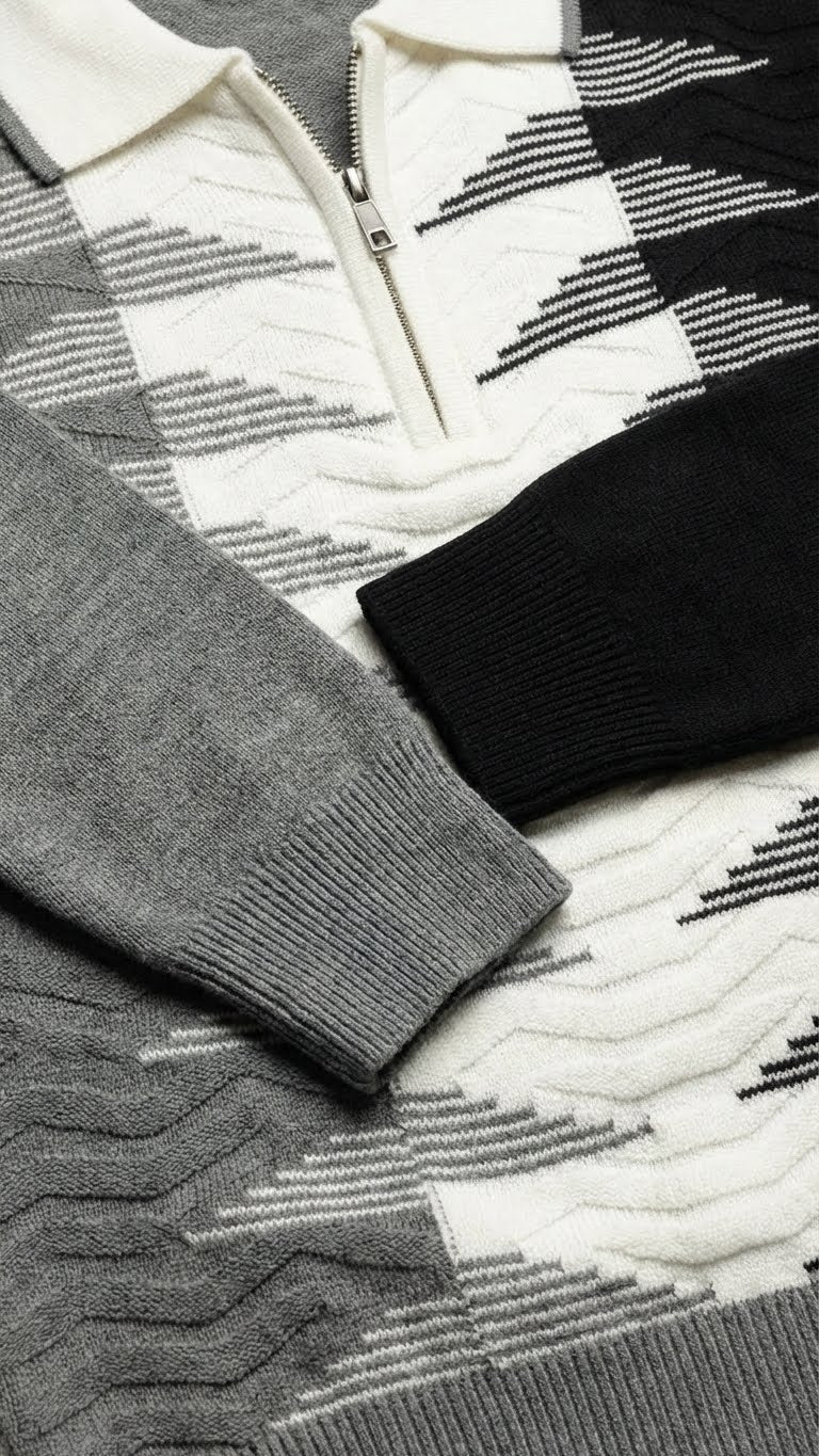 Geometric Wave Knit Polo for Men