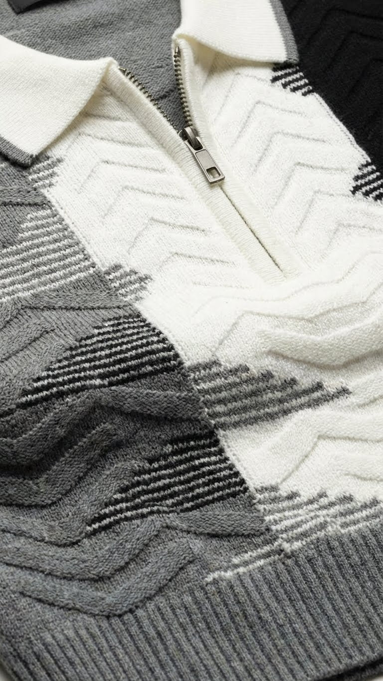 Geometric Wave Knit Polo for Men