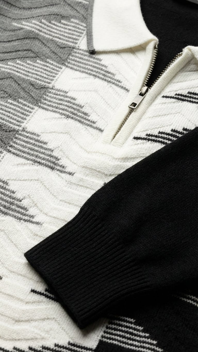 Geometric Wave Knit Polo for Men