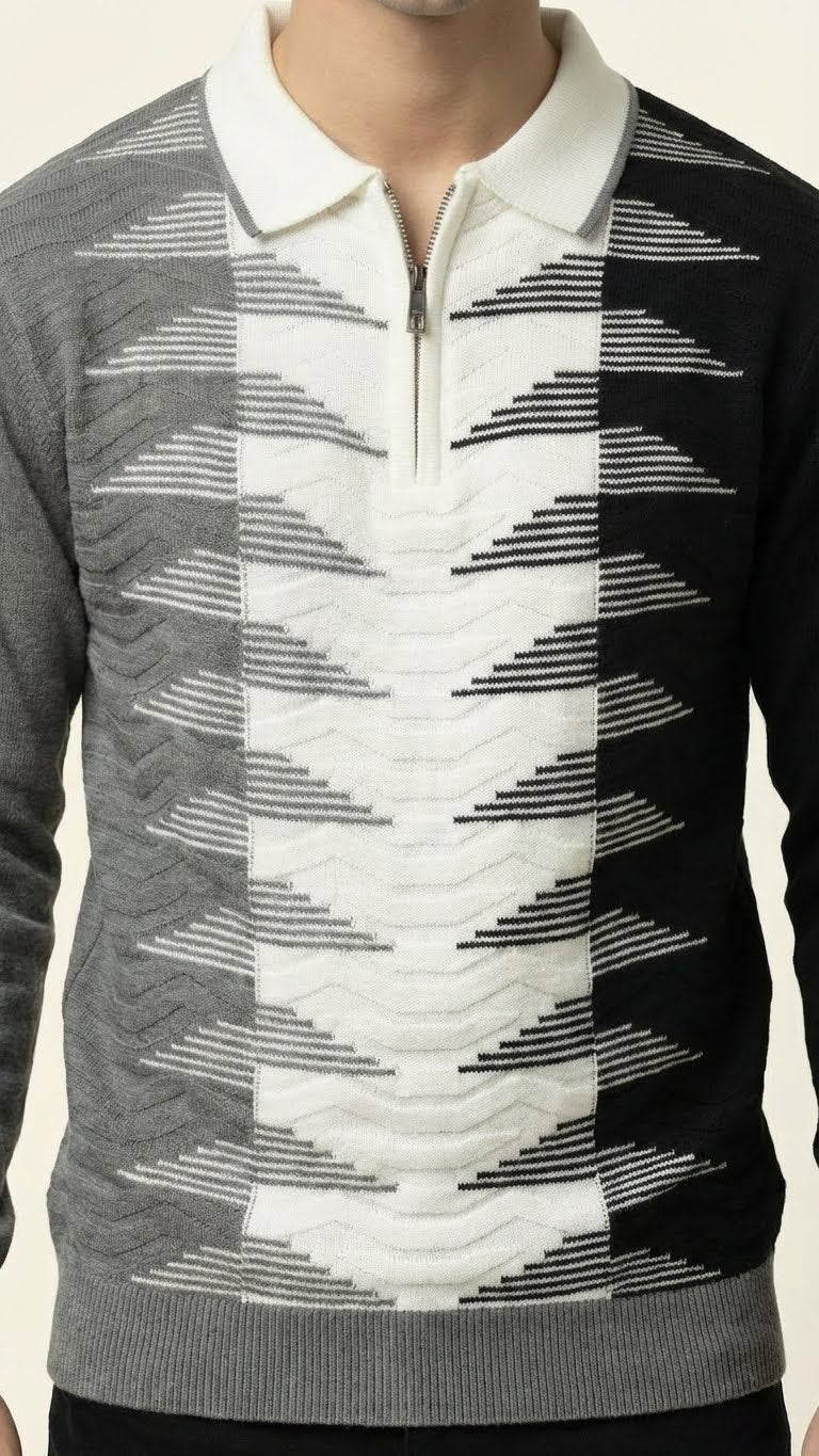 Geometric Wave Knit Polo for Men