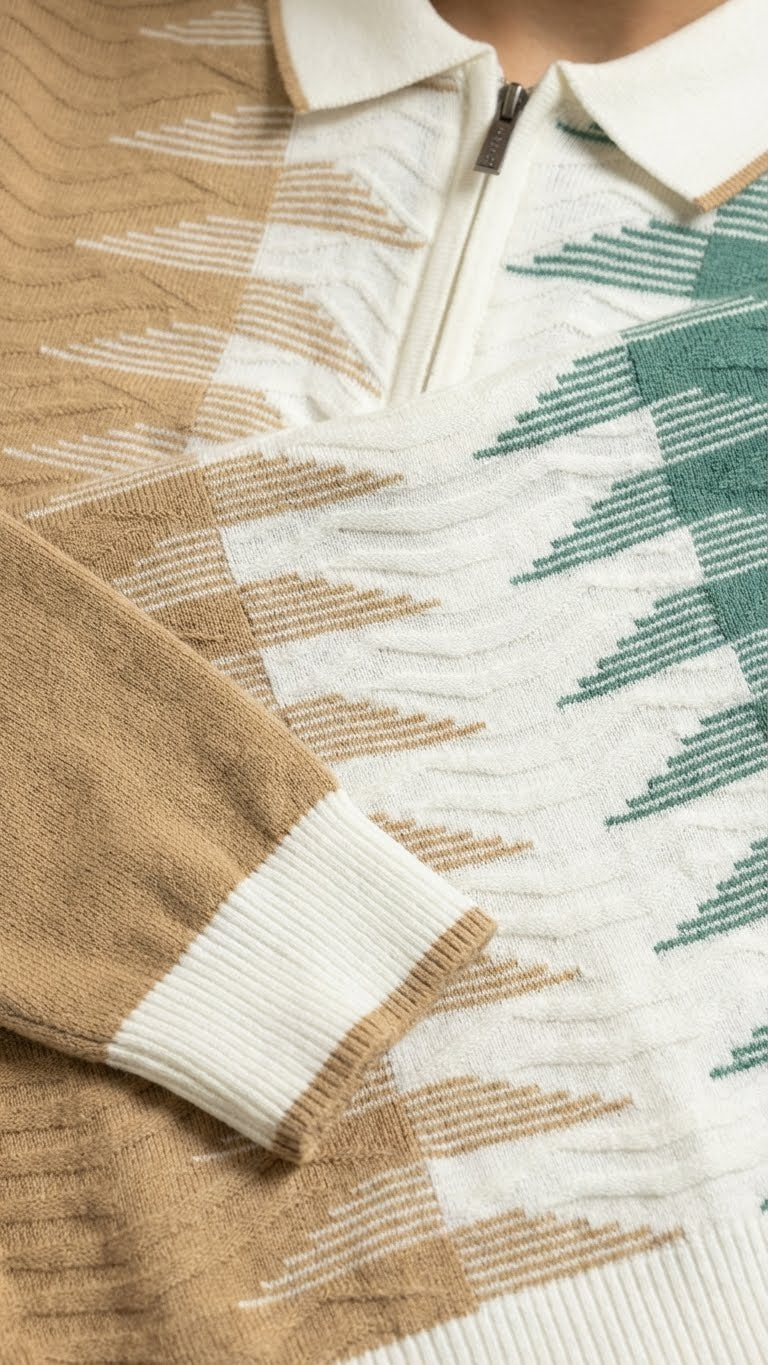 Geometric Wave Knit Polo for Men