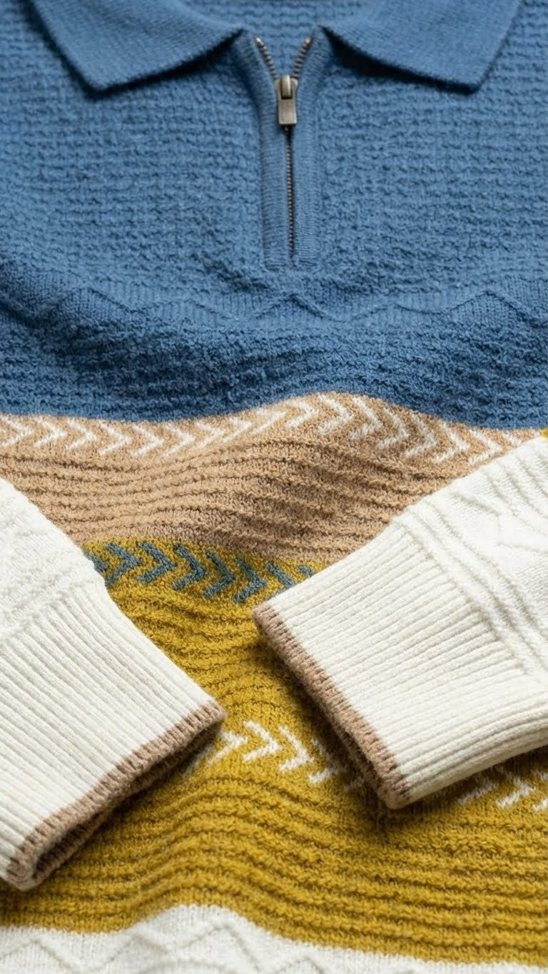 Men’s Premium Multicolor Knitted Cotton Polo – Textured Zip Collar